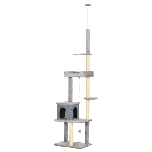 Cat Tree Floor to Ceiling Cat Tower Height Adjustable( 85-101 Inches), Tall Large Cat Climbing Activity Center with Scratching Posts Cat Condo Cozy Bed, Grey