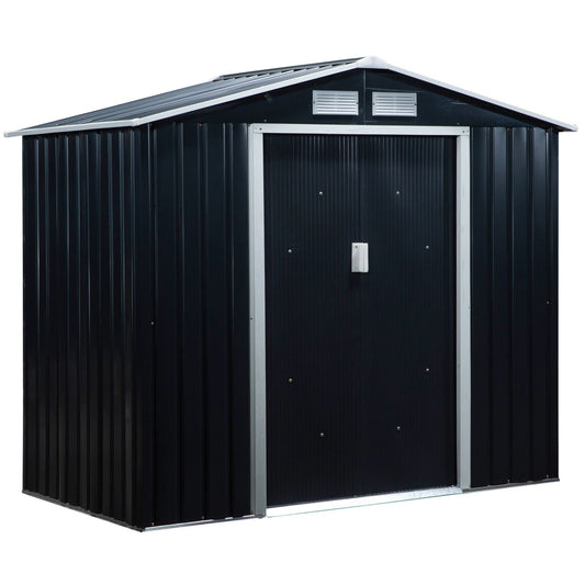 7' x 4' x 6' Garden Storage Shed Outdoor Patio Yard Metal Tool Storage House w/ Floor Foundation and Double Doors Dark Grey Sheds Dark Grey  at Gallery Canada