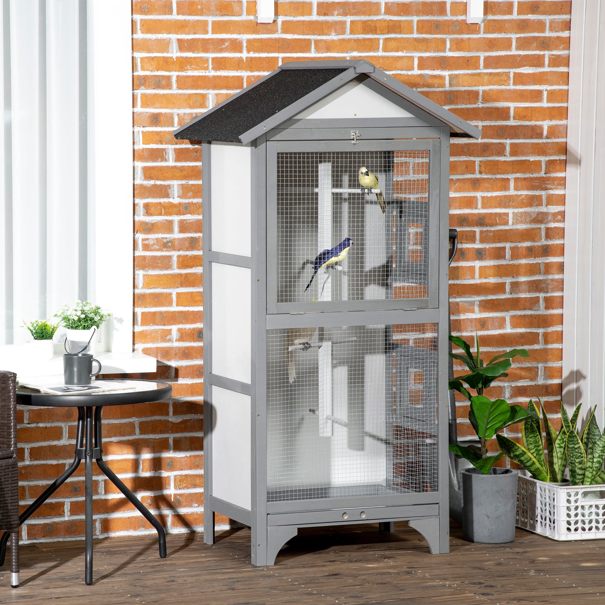 Wooden Bird Aviary Parrot Cage Pet Furniture with Removable Bottom Tray, 2 Doors, Asphalt Roof, 4 Perches, Light Grey Bird Cages   at Gallery Canada