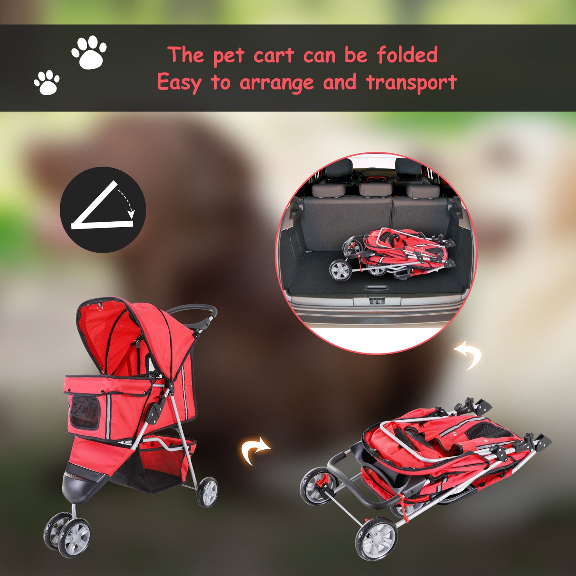 Deluxe 3 Wheels Pet Stroller Foldable Dog Cat Carrier Strolling Jogger with Brake, Canopy, Cup Holders and Bottom Storage Space (Red) Dog Bike Trailers & Strollers   at Gallery Canada