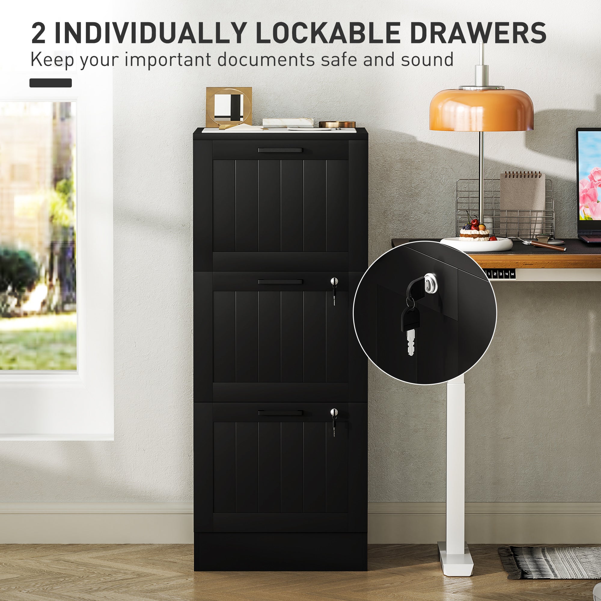3 Drawer Filing Cabinet with Lock, Office Storage Cabinet with Adjustable Hanging Bars for A4 Letter Size Files, Black Office Cabinets & Cupboards at Gallery Canada