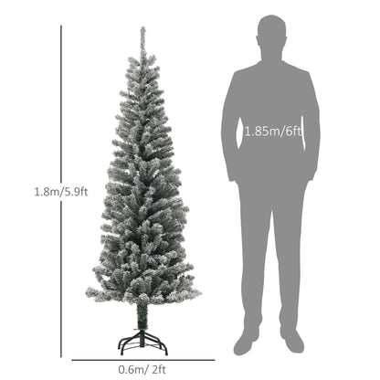 6ft Prelit Pencil Artificial Christmas Tree, Flocked Xmas Tree with Dual Colour LED Lights, 429 Tips and Metal Stand Pre Lit Christmas Trees   at Gallery Canada