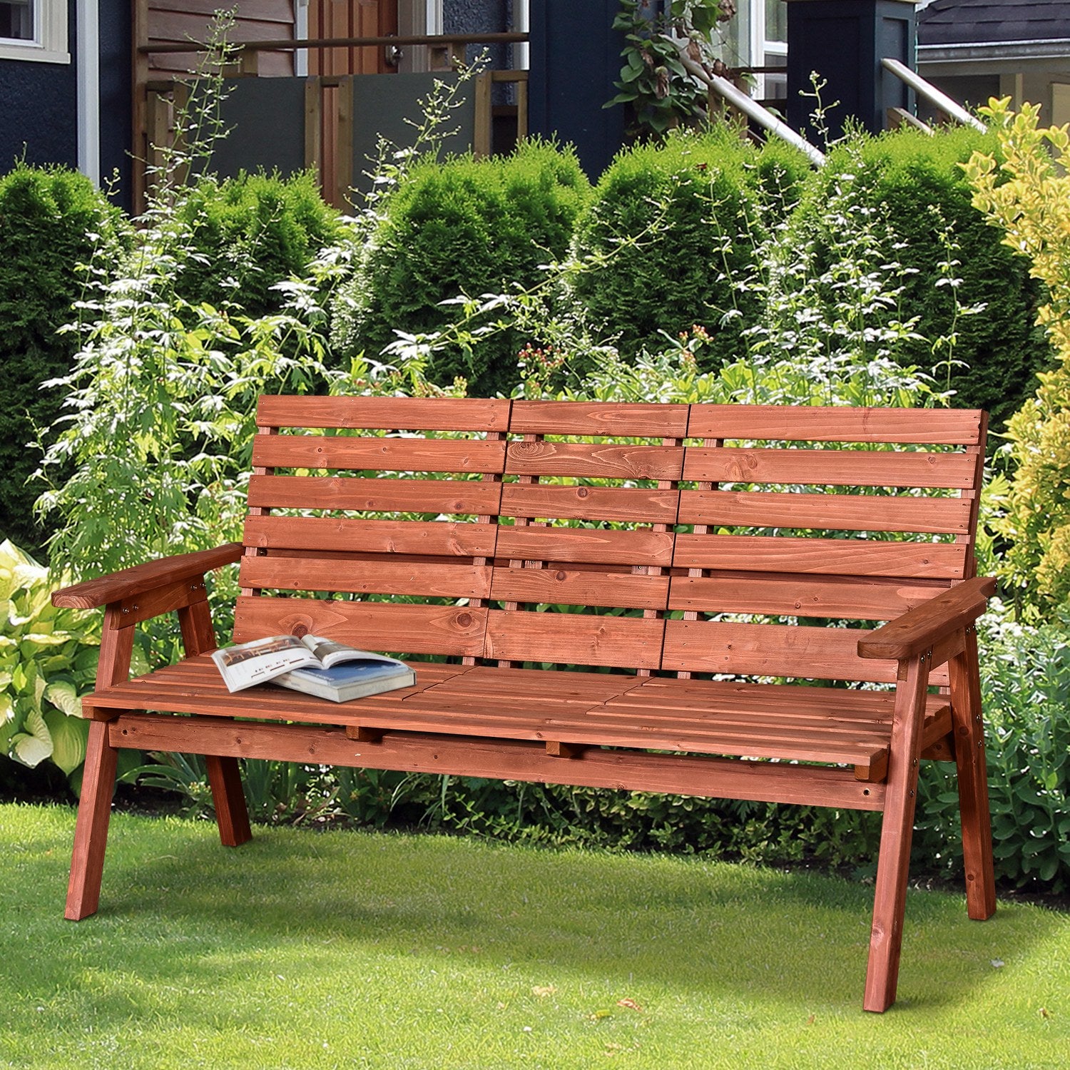3-Seater Outdoor Bench with Convertible Middle Table, Garden Wooden Patio Loveseat with Middle Table for 2 Persons w/ Slatted Seat and Backrest, Armrests, Orange Outdoor Benches at Gallery Canada