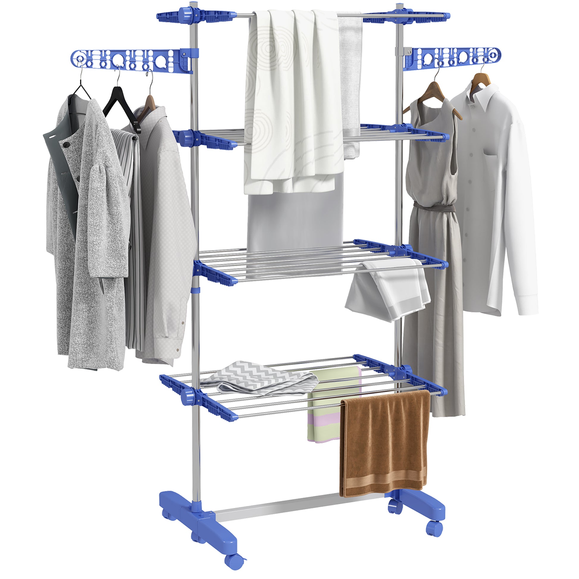 Garment Drying Rack Stainless Steel Folding Clothes Hanging Rack with Side Wings Castors for Indoor Outdoor Blue Bath Accessories   at Gallery Canada