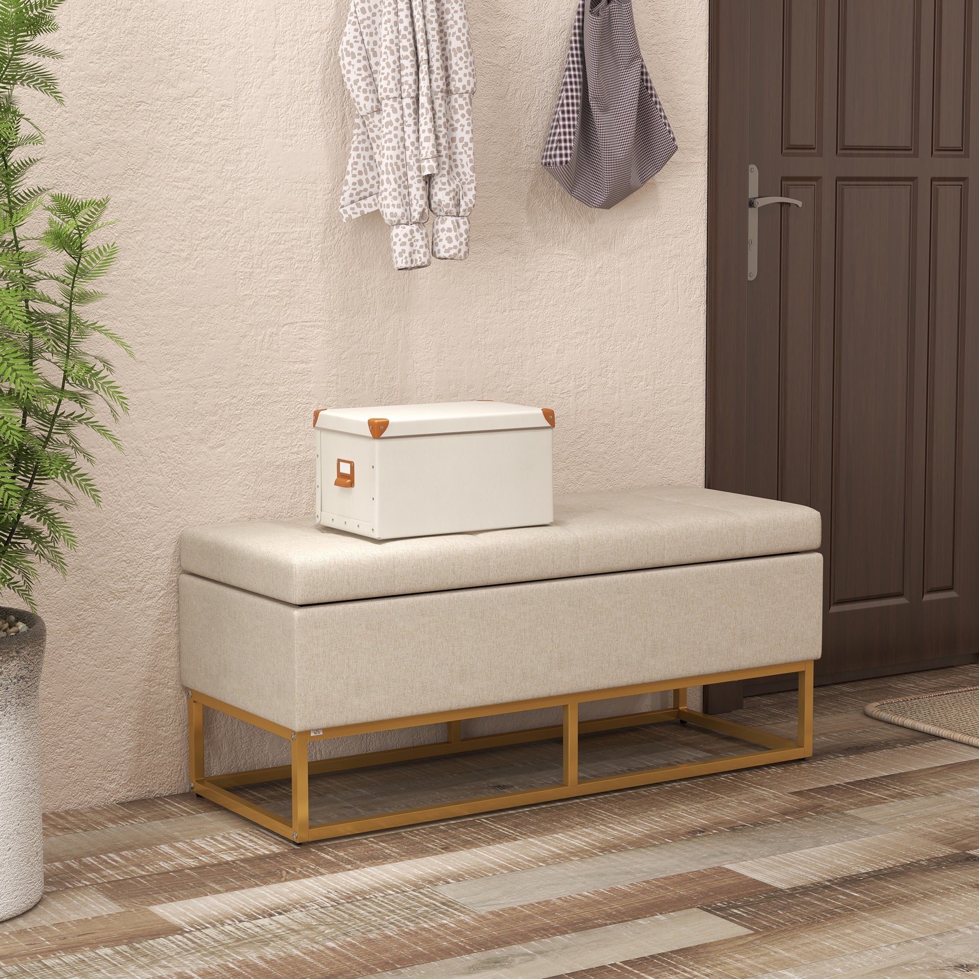 Storage Ottoman with Flip Top, Upholstered Storage Bench, Linen Fabric Footstool with Steel Legs for Living Room, Bedroom, Beige Storage Ottomans & Benches at Gallery Canada