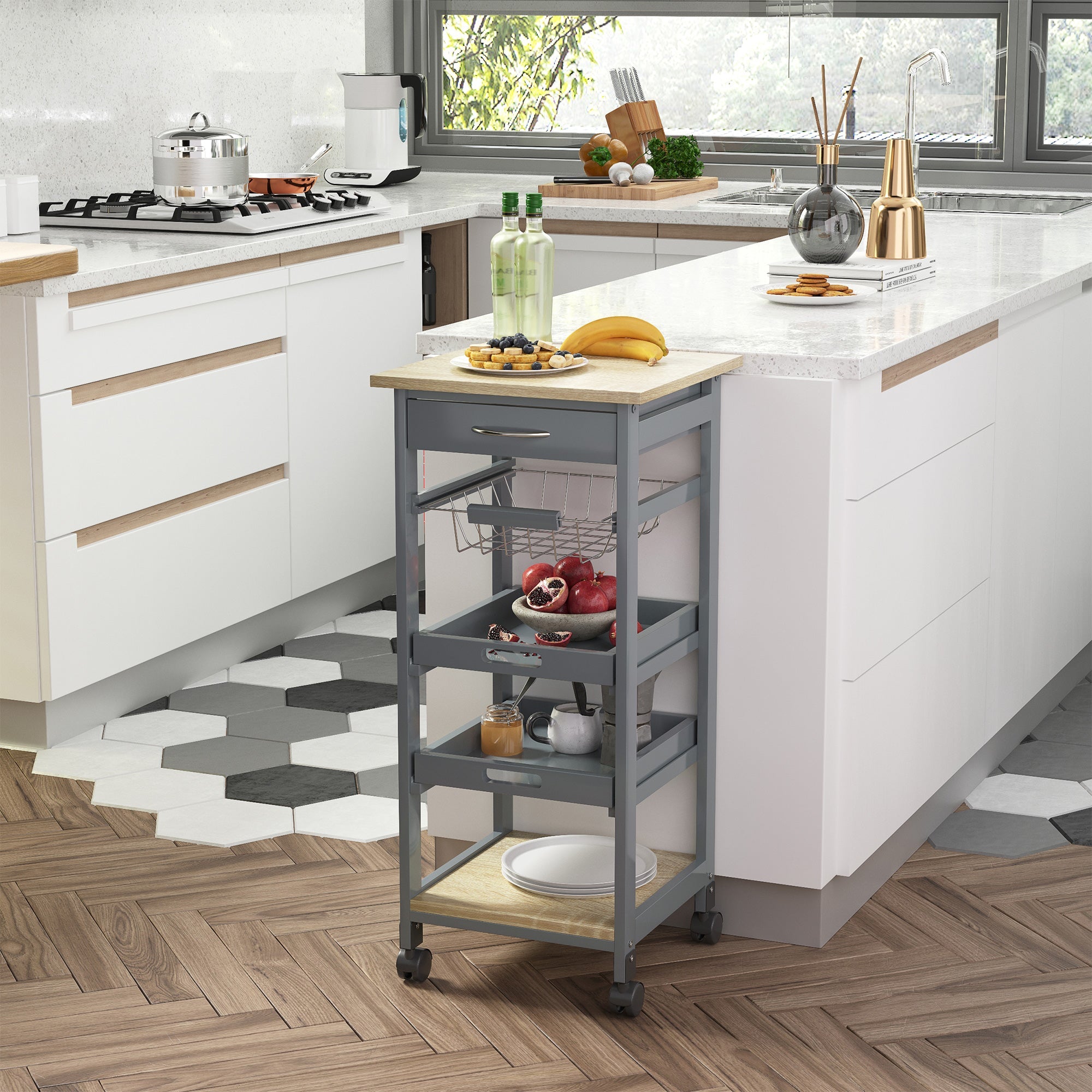 Rolling Kitchen Island Cart, Mobile Utility Storage Cart with Drawer, Wire Storage Basket, Removable Tray, Grey Kitchen Islands & Kitchen Carts   at Gallery Canada