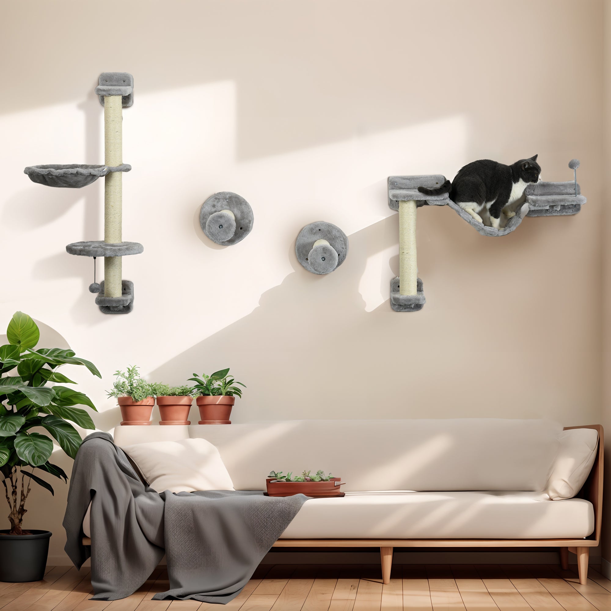 4PCs Cat Wall Shelves with Hammock, Scratching Post, Ladder, Steps, Platforms, Toy Balls, Grey Cat Climbing Wall at Gallery Canada