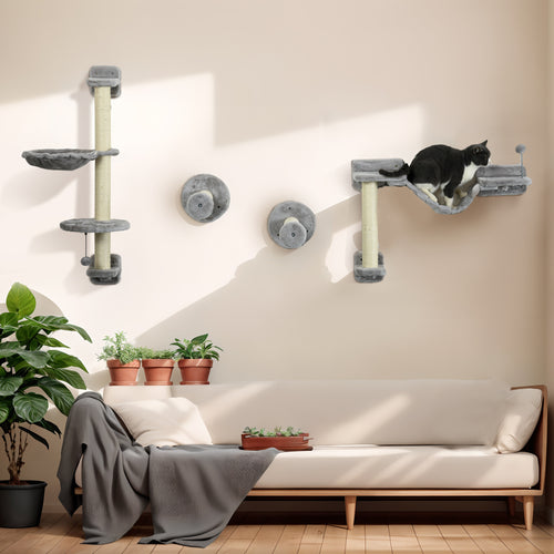 4PCs Cat Wall Shelves with Hammock, Scratching Post, Ladder, Steps, Platforms, Toy Balls, Grey