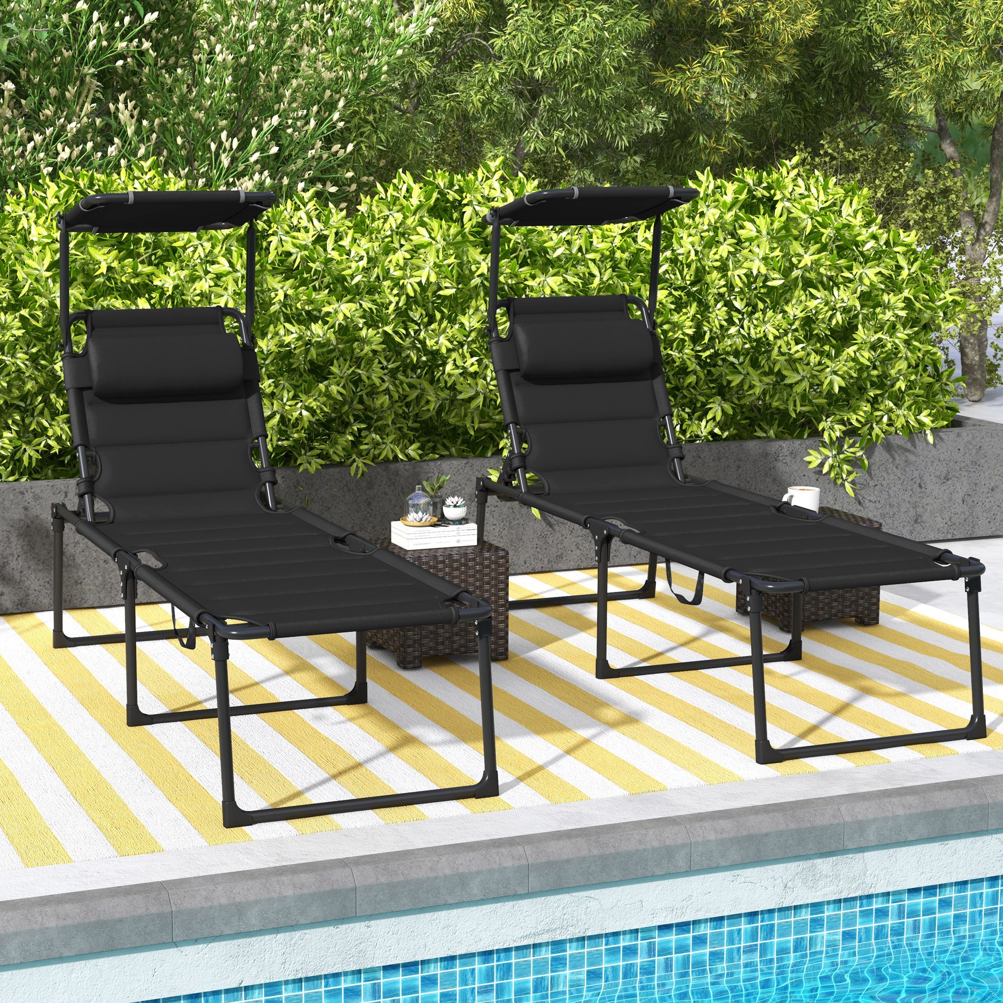 Folding Chaise Lounge with Adjustable Visor, Padded Tanning Chairs with Headrest, Reclining Outdoor Lounge Chair, for Beach, Yard, Patio, Black Lounger Chairs Black  at Gallery Canada