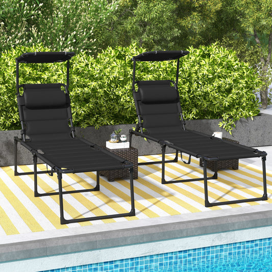 Folding Chaise Lounge with Adjustable Visor, Padded Tanning Chairs with Headrest, Reclining Outdoor Lounge Chair, for Beach, Yard, Patio, Black Lounger Chairs   at Gallery Canada