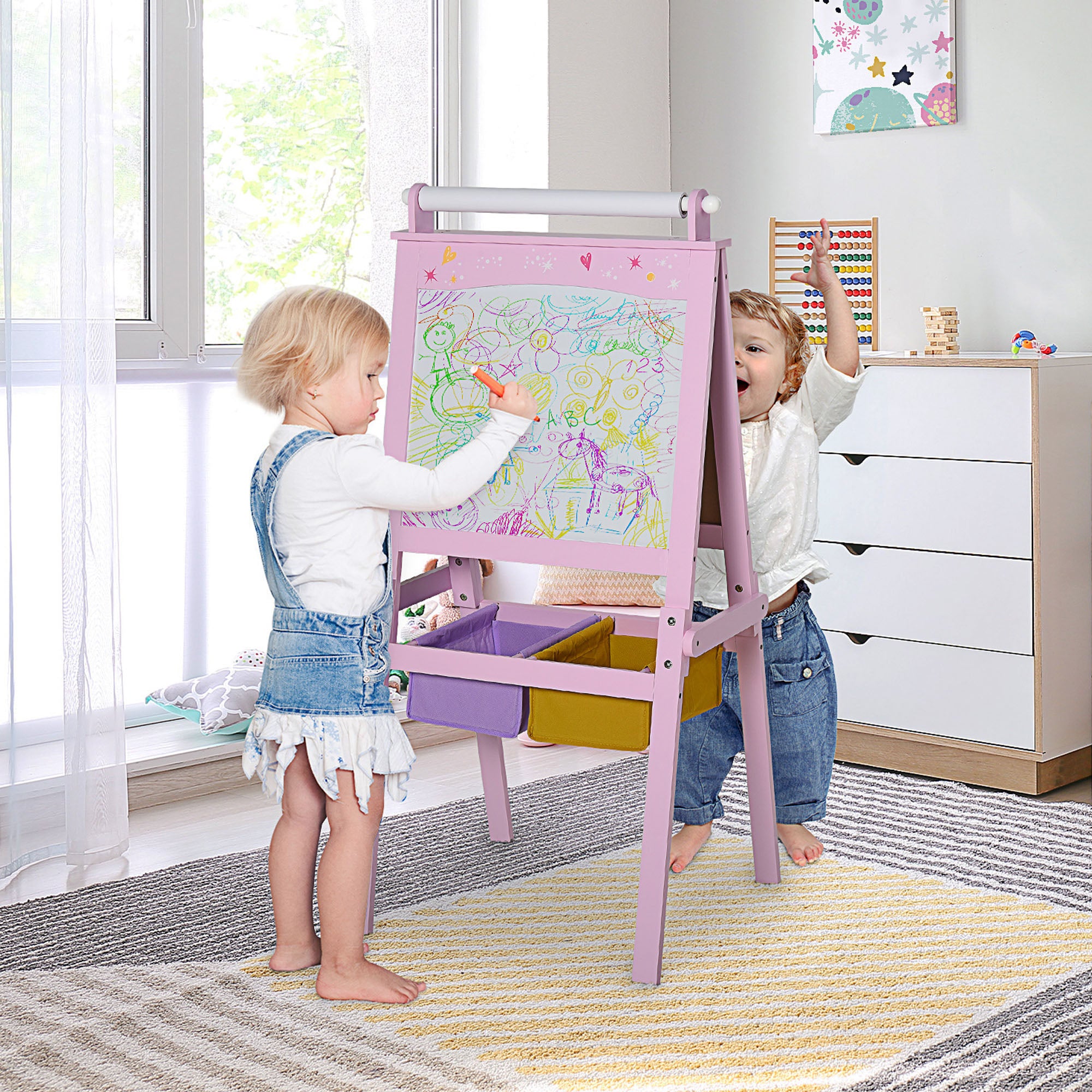 3 In 1 Kids Wooden Art Easel with Paper Roll Double-Sided Chalkboard &; Whiteboard with Storage Baskets Gift for Toddler Girl Age 3 Years+ Pink Kids Desk Sets at Gallery Canada