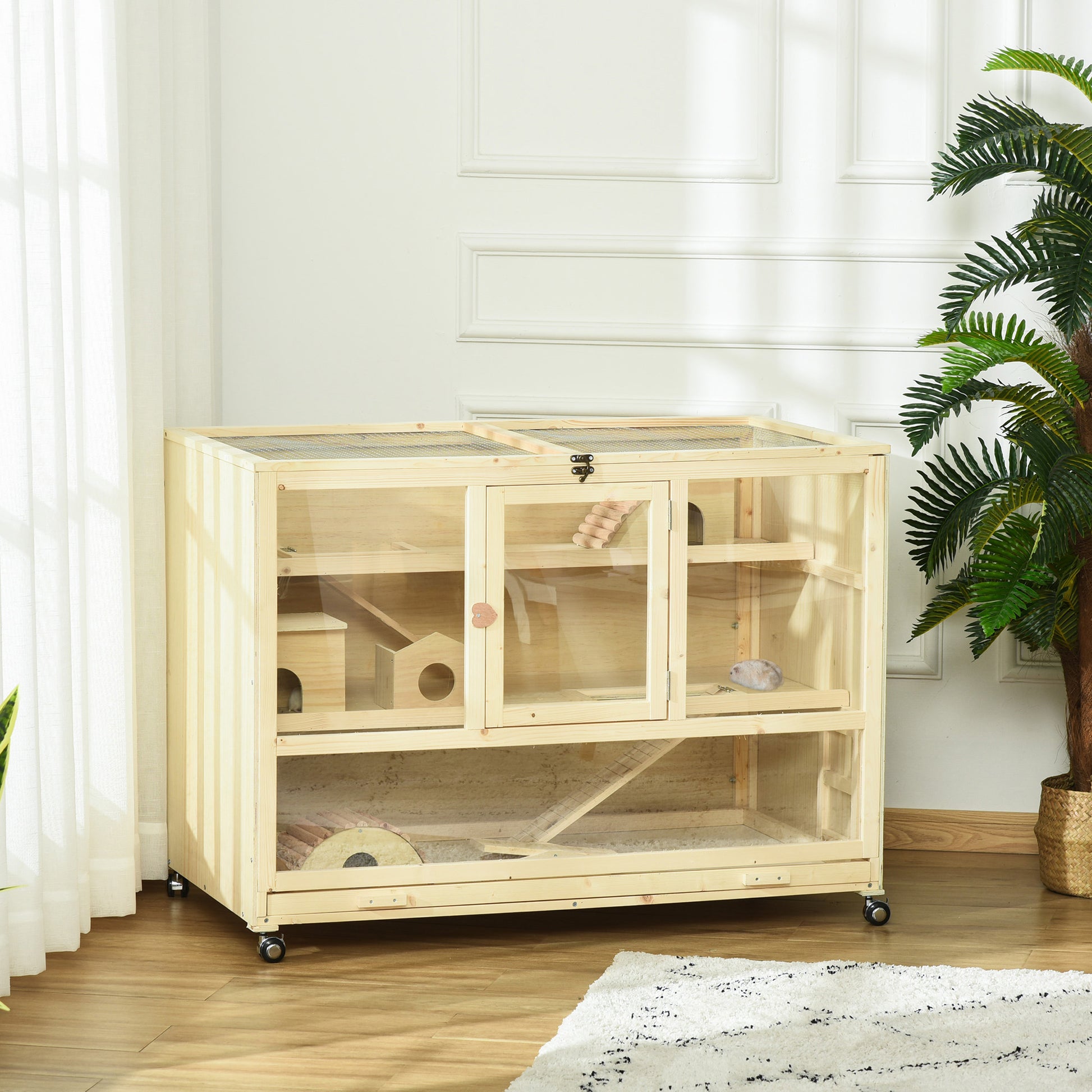 Wooden Hamster Cage, 3 Tier Rat Cage with Openable Roof, Run, Ladders, Run, Ladders, Wheels, Tray, Natural Wood Hamster Cages Natural at Gallery Canada