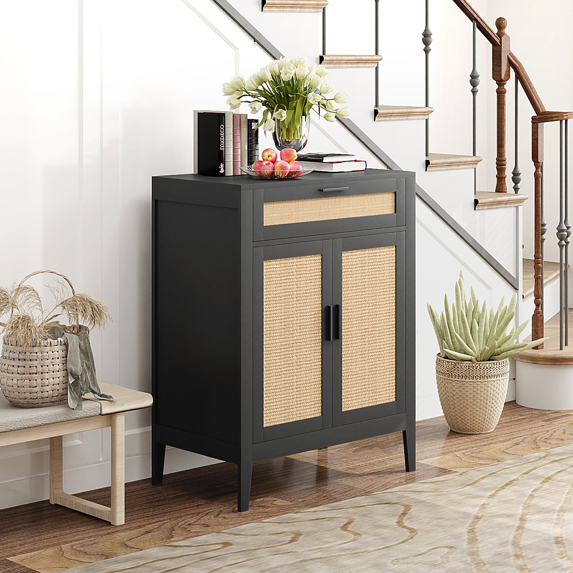 Kitchen Sideboard, Boho Storage Cabinet with 2 Rattan Decorated Doors and Drawer for Dining Room, Black Storage Cabinets   at Gallery Canada