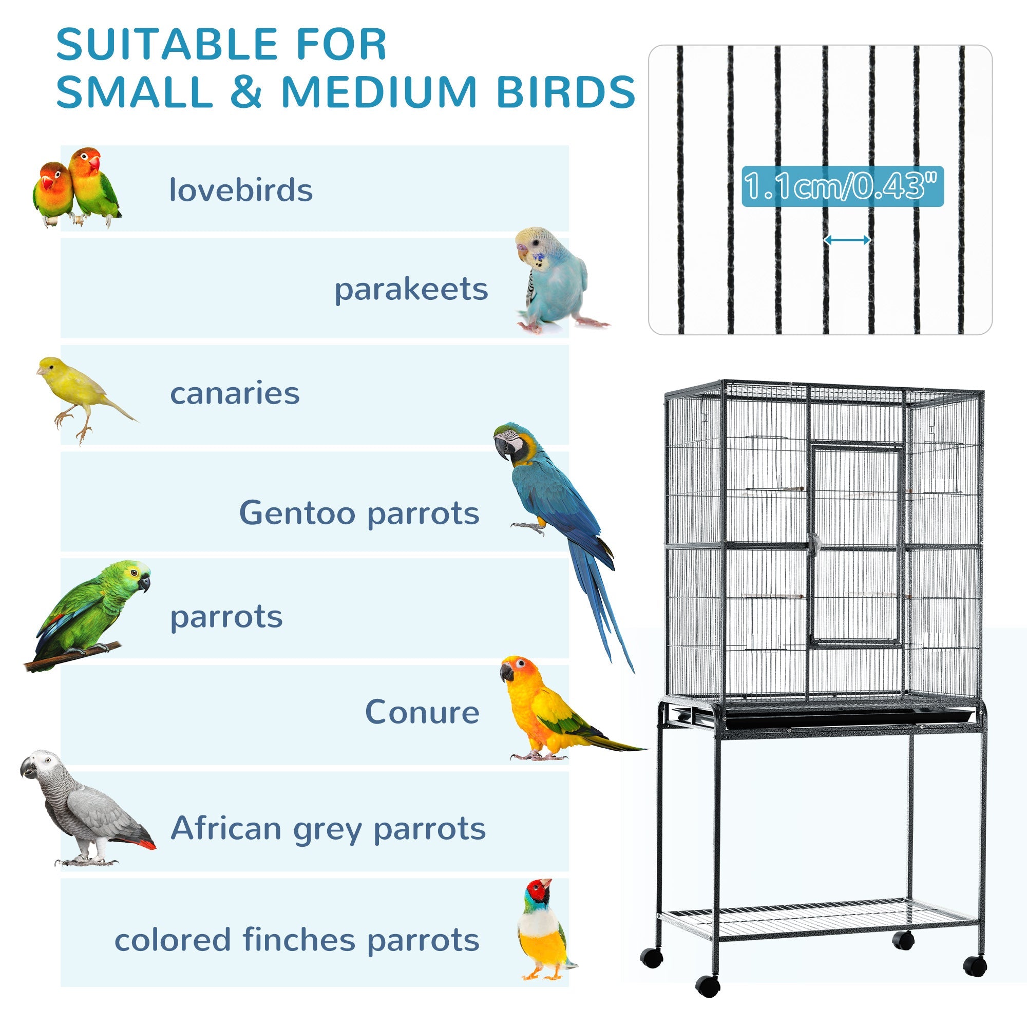 30'' Large Rolling Metal Bird Cage Bird House with Detachable Rolling Stand, Storage Shelf, Wood Perch Food Container - Black Bird Cages   at Gallery Canada