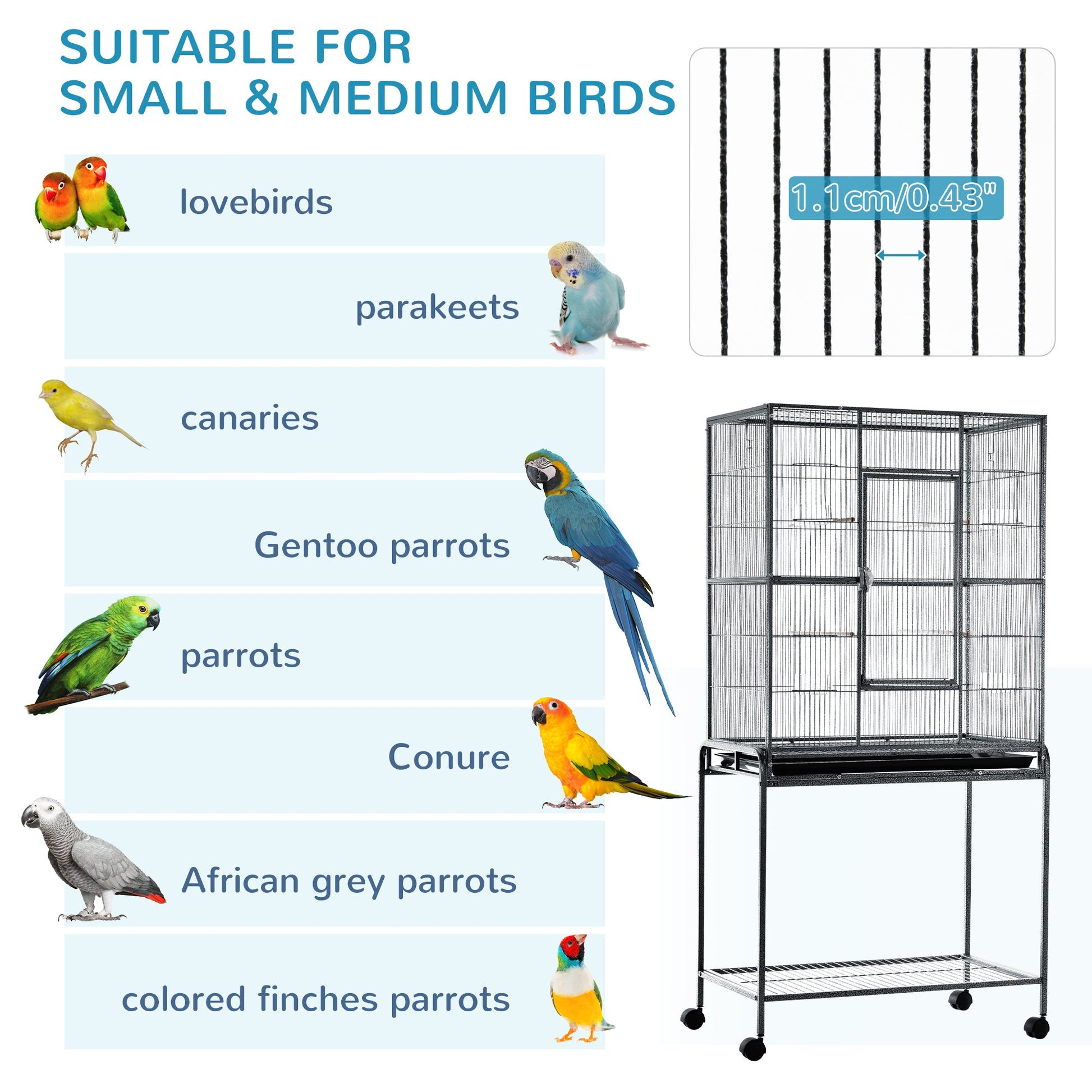 30'' Large Rolling Metal Bird Cage Bird House with Detachable Rolling Stand, Storage Shelf, Wood Perch Food Container - Black Bird Cages   at Gallery Canada