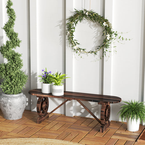 2-Person Outdoor Bench, Wood Garden Bench with Wagon Wheel Legs, Slatted Seat for Patio, Park, Backyard, Carbonized