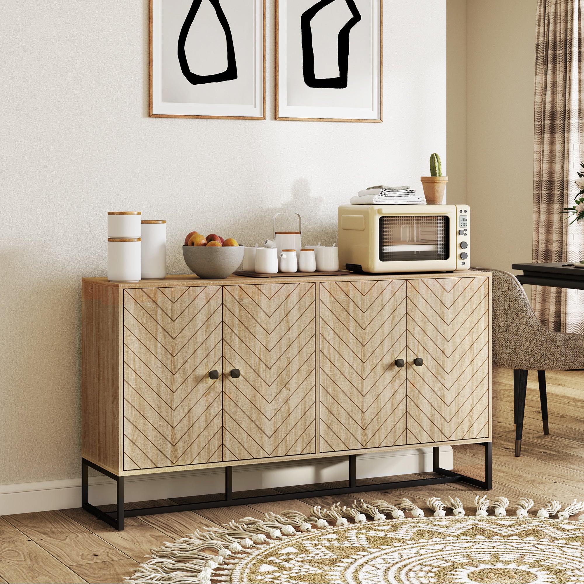 Sideboard Buffet Cabinet with 2 Adjustable Shelves and Steel Base, TV Stand, Coffee Bar Cabinet for Living Room, Oak Storage Cabinets at Gallery Canada