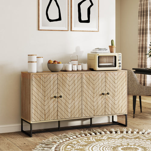 Sideboard Buffet Cabinet with 2 Adjustable Shelves and Steel Base, TV Stand, Coffee Bar Cabinet for Living Room, Oak