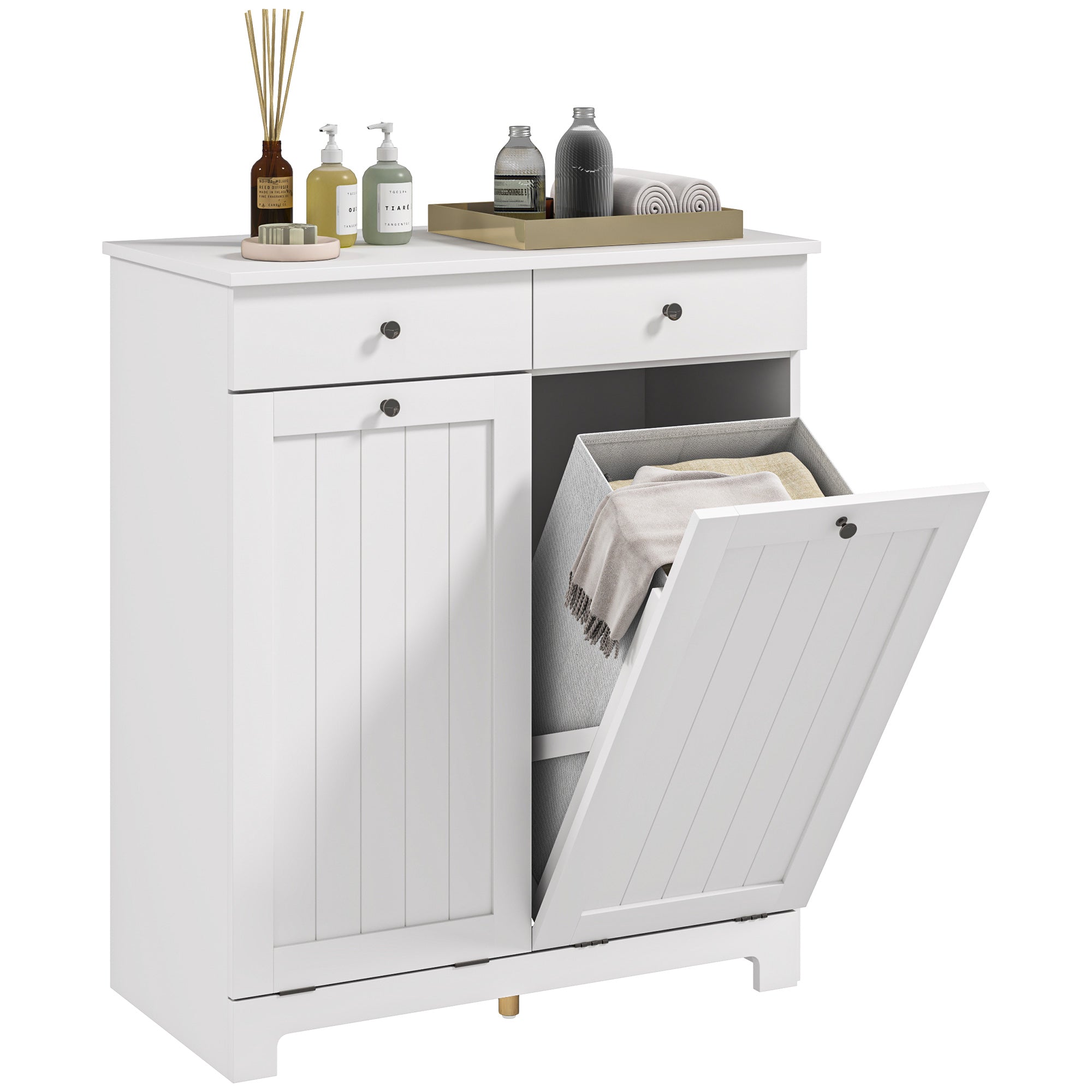 Laundry Cabinet, Tilt Out Laundry Hamper Cabinet with 2 Baskets, Bathroom Hamper Cabinet with 2 Drawers, White Bathroom Cabinets at Gallery Canada