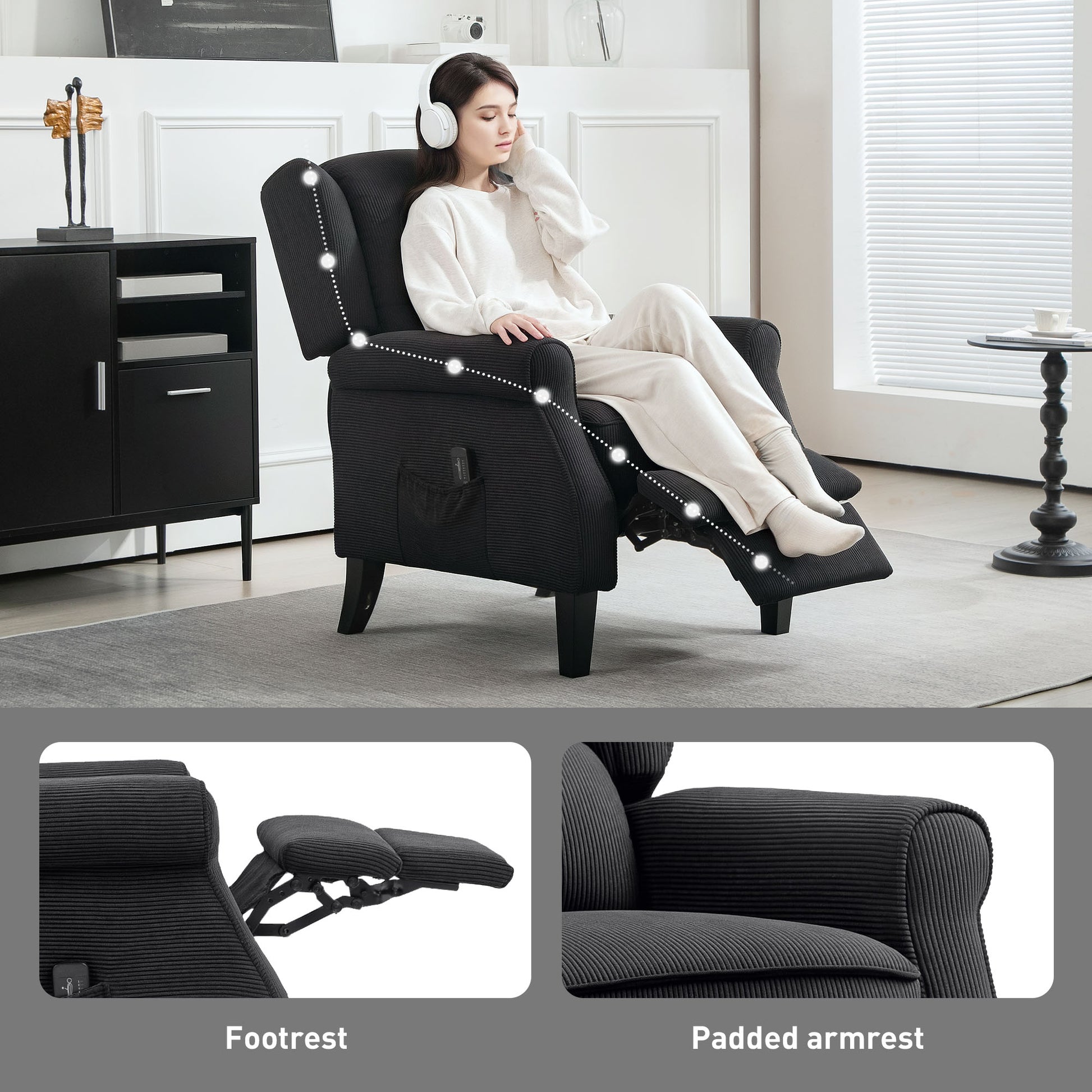 Push Back Recliner Chair, Vibration Massage Recliner for Living Room with Extendable Footrest, Remote, Pocket, Black Sofas & Reclining Chairs at Gallery Canada