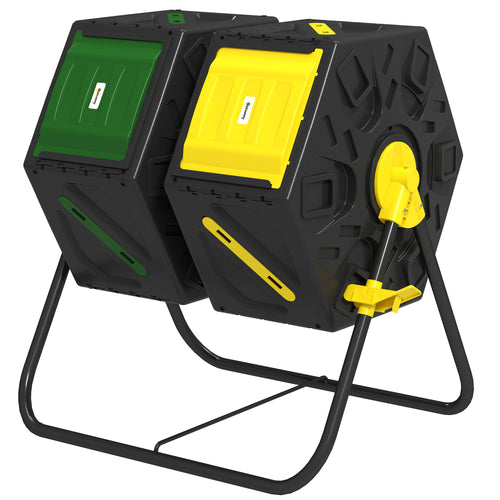 Rotating Composter, Dual Chamber Compost Bin with 24 Vents and Steel Legs, 34.5 Gallon, Yellow and Green