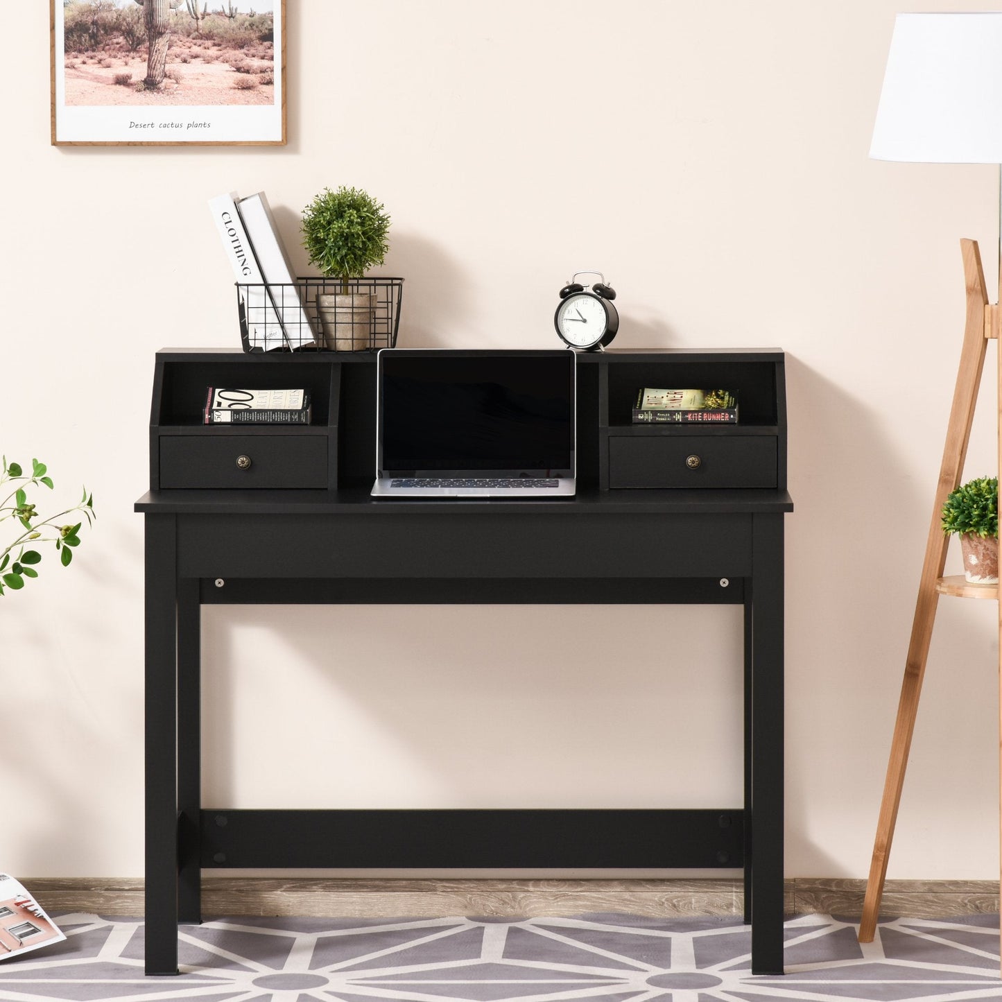 Rectangle Computer Desk with Display Shelves Drawers Home Office Table Workstation Black Wood Grain Writing Desks   at Gallery Canada