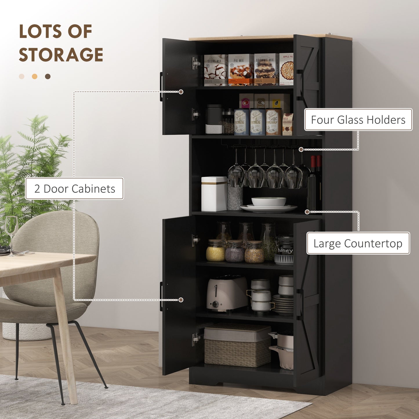 Farmhouse Kitchen Pantry, 68" Freestanding Hutch Storage Cabinet with Microwave Oven Countertop, Black Kitchen Pantry Cabinets   at Gallery Canada