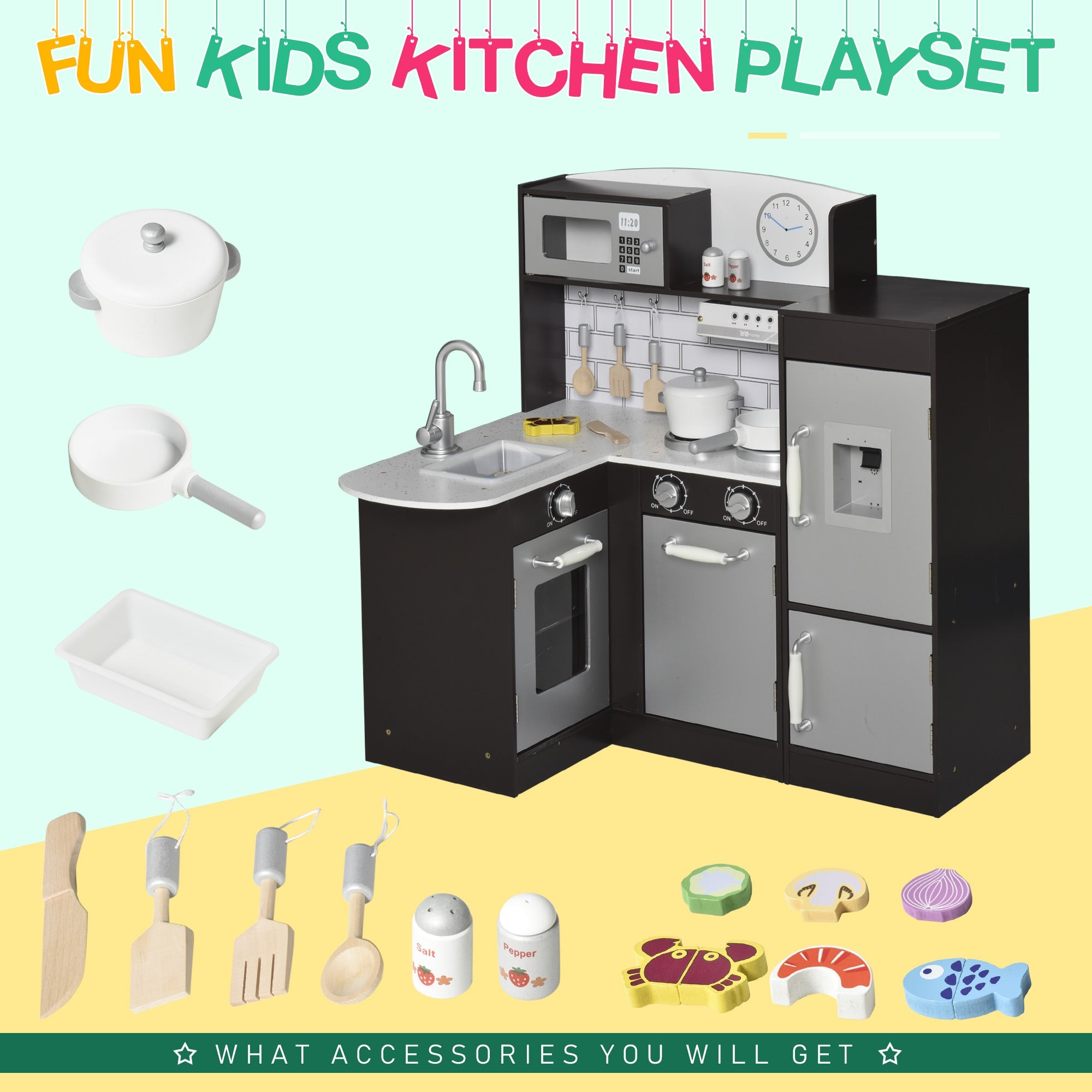 Black Kids Kitchen Play Cooking Toy Set for Children with Drinking Fountain, Microwave, and Fridge with Accessories, Dark Brown Play Kitchen   at Gallery Canada