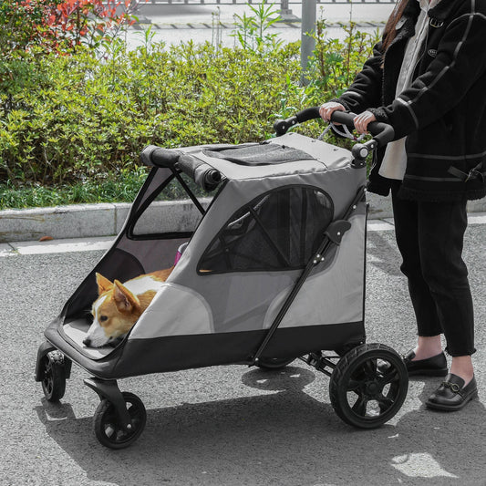 Pet Stroller Foldable Cat Dog Jogging Stroller w/ Adjustable Handlebar Rear Door Storage Bag Mesh Window Safety Leash Grey - Gallery Canada