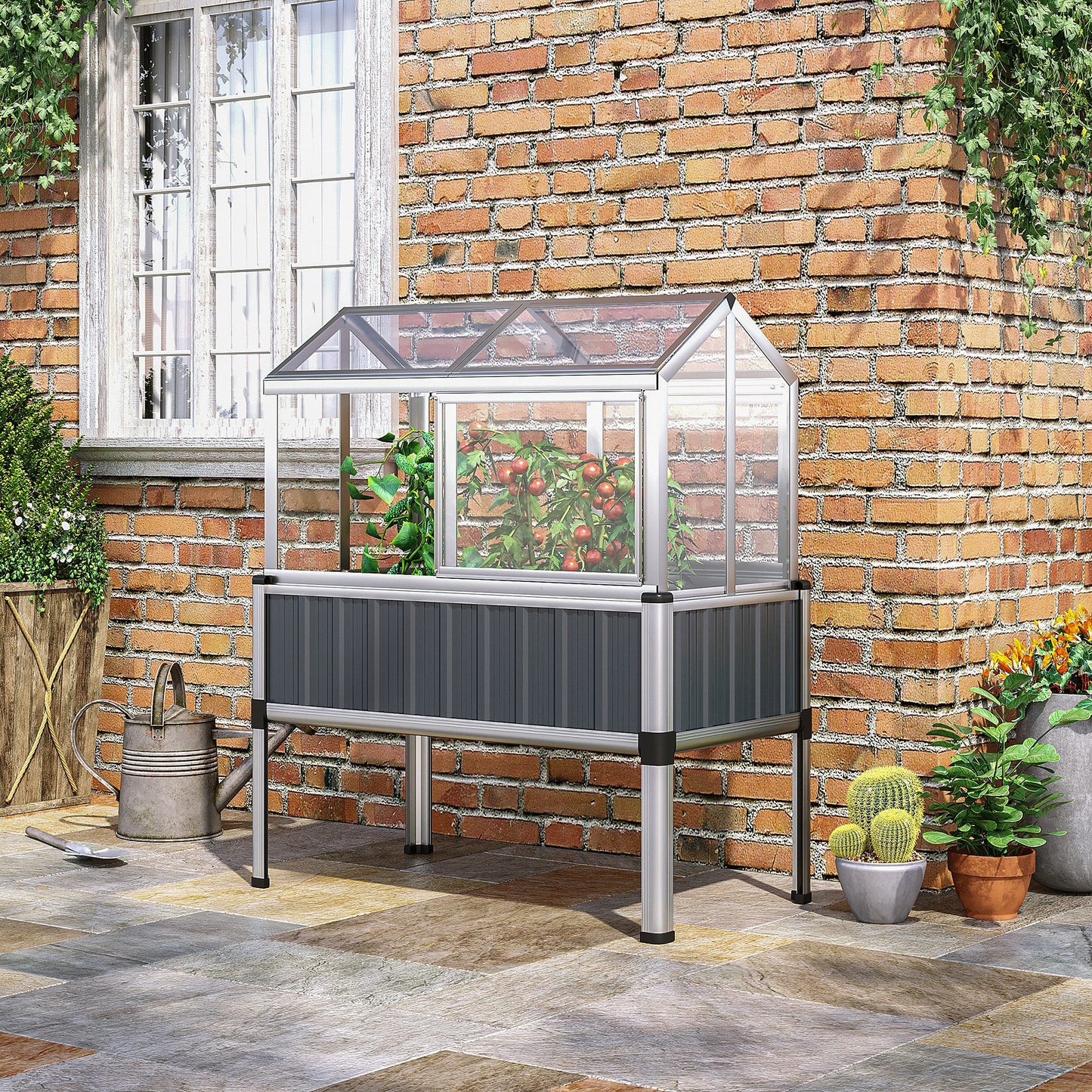 45"x24"x51" Raised Garden Bed with Greenhouse, Windows, Galvanized Steel Frame for Vegetables Flowers Herbs, Dark Grey Cold Frame Greenhouses   at Gallery Canada