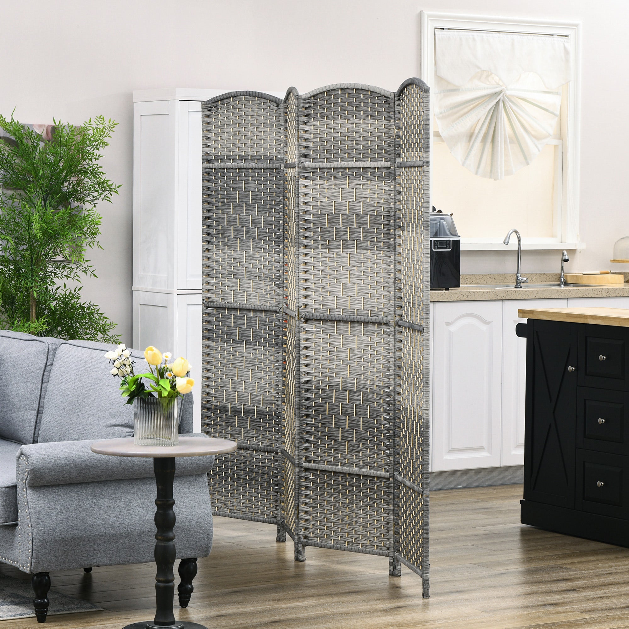 6 Ft Tall Folding Room Divider, 4 Panel Portable Privacy Screen, Hand-Woven Partition Wall Divider, Mixed Grey Room Dividers   at Gallery Canada