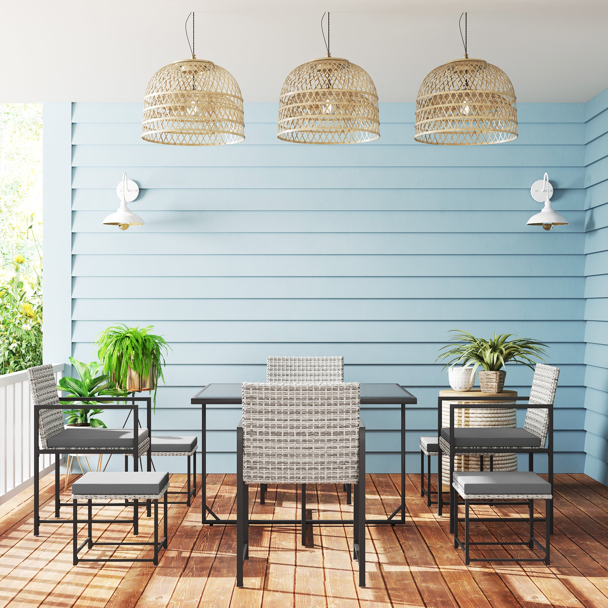 9 Pieces Wicker Patio Dining Set with 4 Armchairs, 4 Stools, Tempered Glass Top, Removable Cushions, Light Grey Outdoor Dining Sets at Gallery Canada