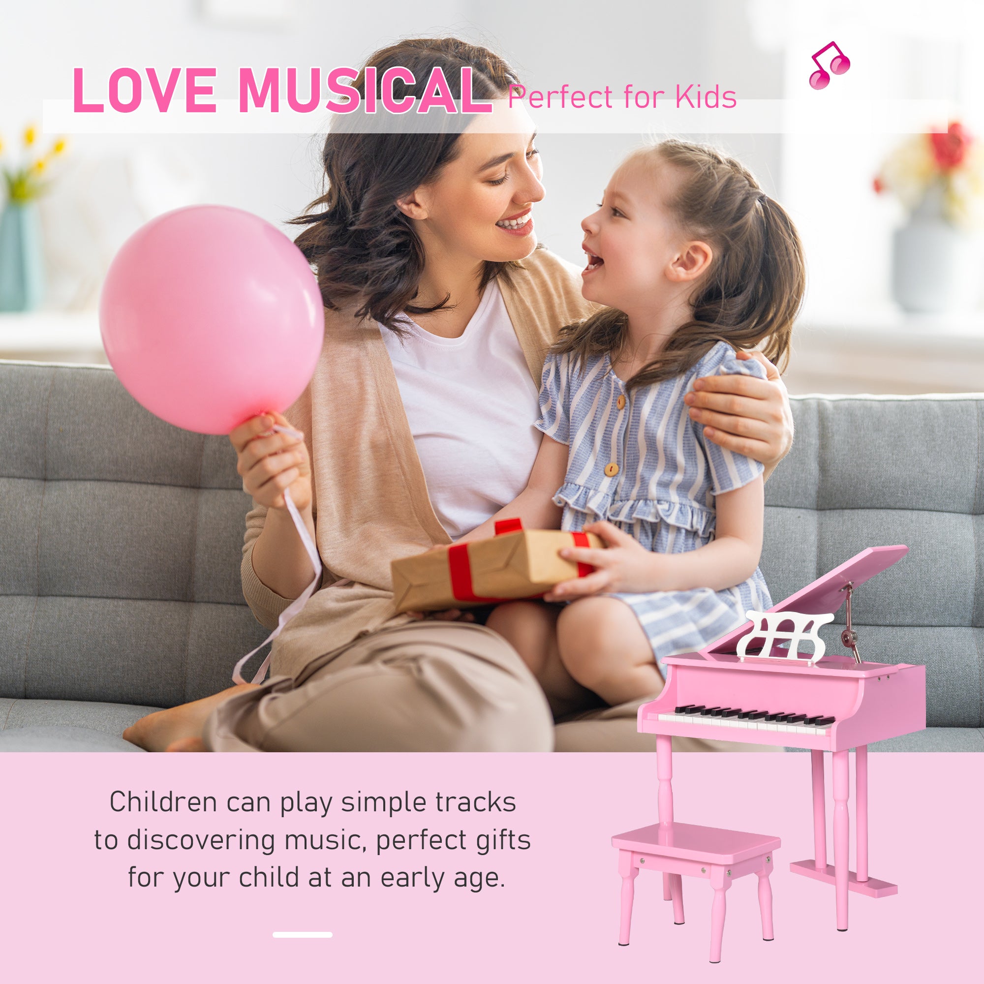 Modern Kids Piano, 30 Keys, Set of 2, Mini Toy for Child, Grand Piano with Music Stand and Bench, Ideal Gift, Pink Electronic Musical Pianos at Gallery Canada