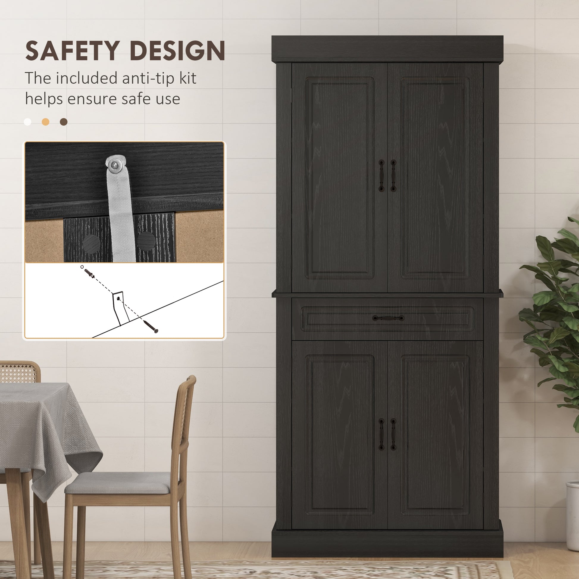 71" Freestanding Kitchen Pantry with 4 Doors and 2 Cabinets, Tall Storage Cabinet for Kitchen, Distressed Black Kitchen Pantry Cabinets   at Gallery Canada