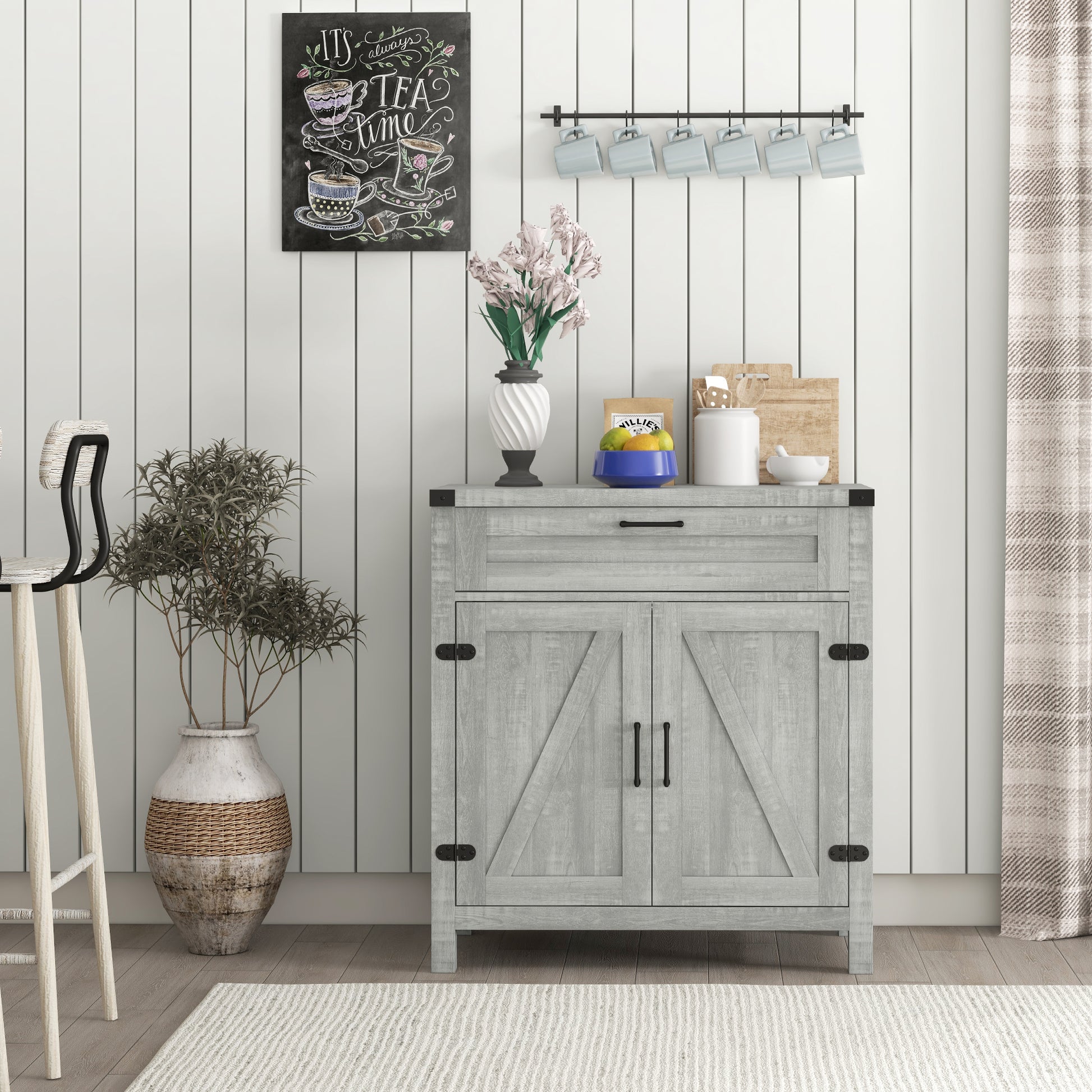 Farmhouse Kitchen Storage Cabinet, Sideboard Buffet Cabinet with 2 Rustic Barn Doors and Drawer, Grey Bar Cabinets   at Gallery Canada