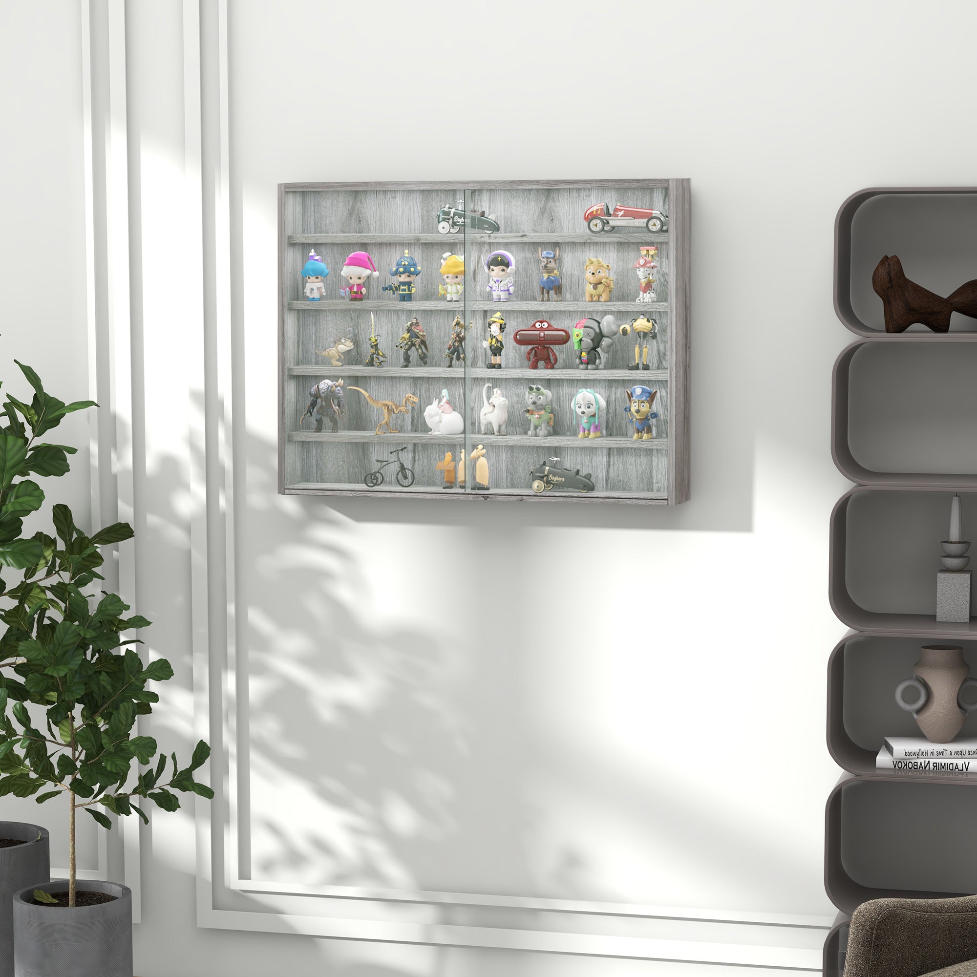 5-Storey Wall Shelf Display Cabinet, Shot Glass Display Case, Glass Curio Cabinet with 2 Glass Doors and 4 Adjustable Shelves, Grey Display Bookshelves at Gallery Canada