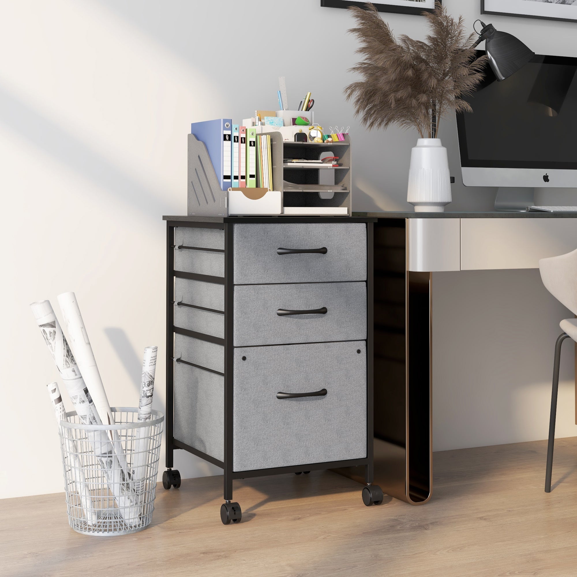 Industrial Mobile Vertical Filing Cabinet with 3 Drawers, Printer Stand, Dark Grey Office Cabinets & Cupboards   at Gallery Canada