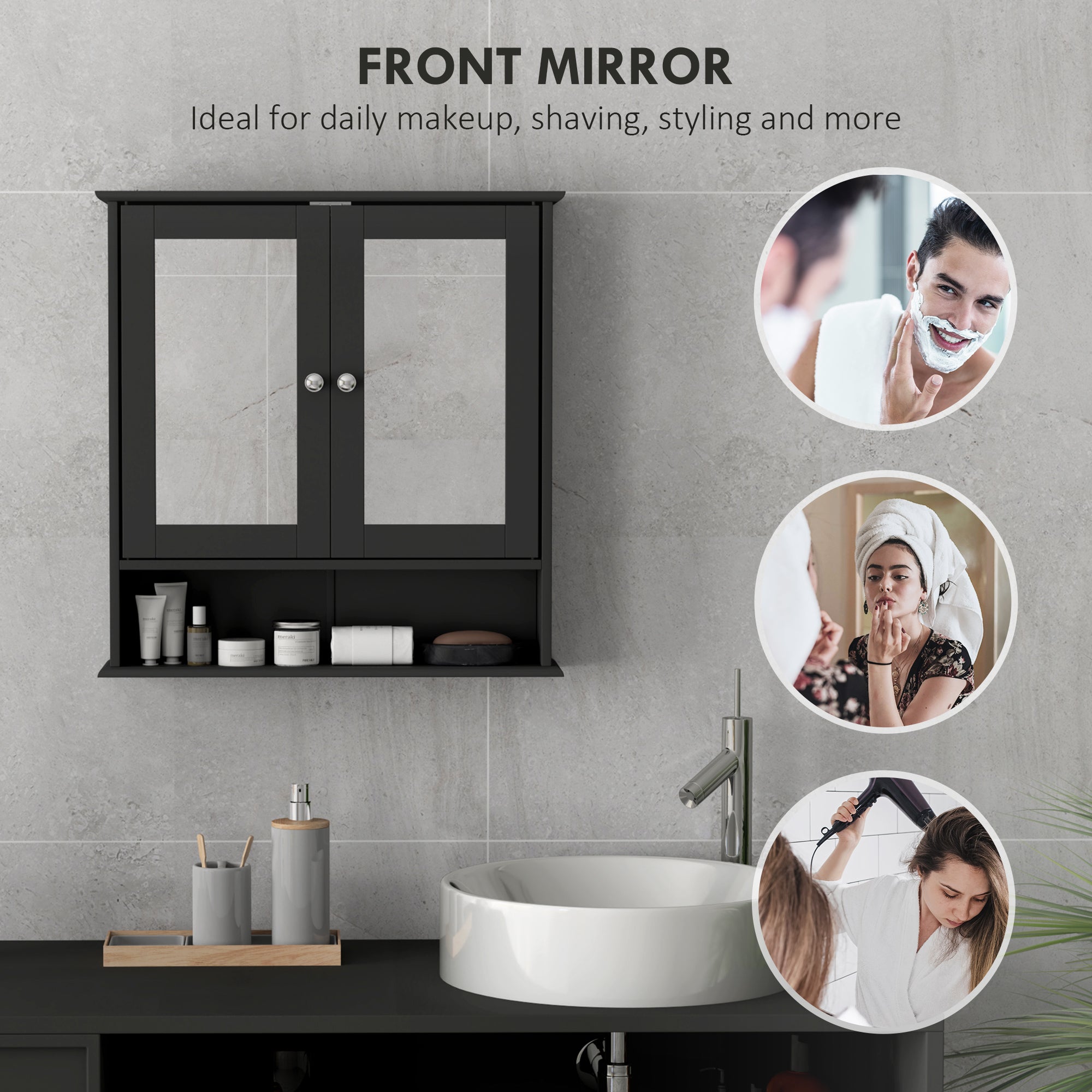 Medicine Cabinet, Wall-Mounted Bathroom Mirror Cabinet with Double Doors, Open Shelf, and Adjustable Shelf, Modern Bathroom Wall Cabinet, Black Mirror Medicine Cabinets at Gallery Canada