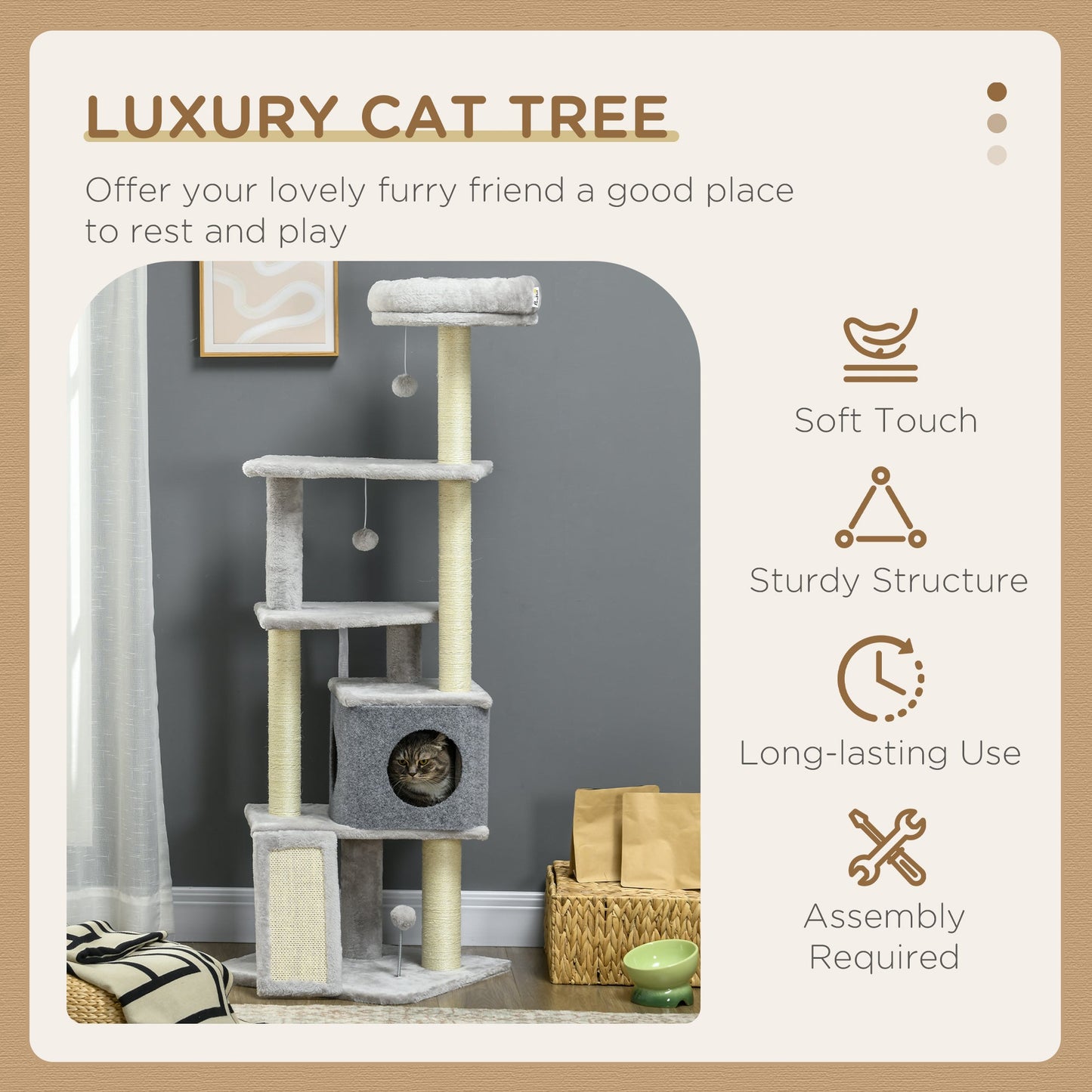 57.5" Cat Tree with Scratching Posts, Large Cat Tower for Indoor Cats with Bed, House, Toys, Grey Cat Posts   at Gallery Canada