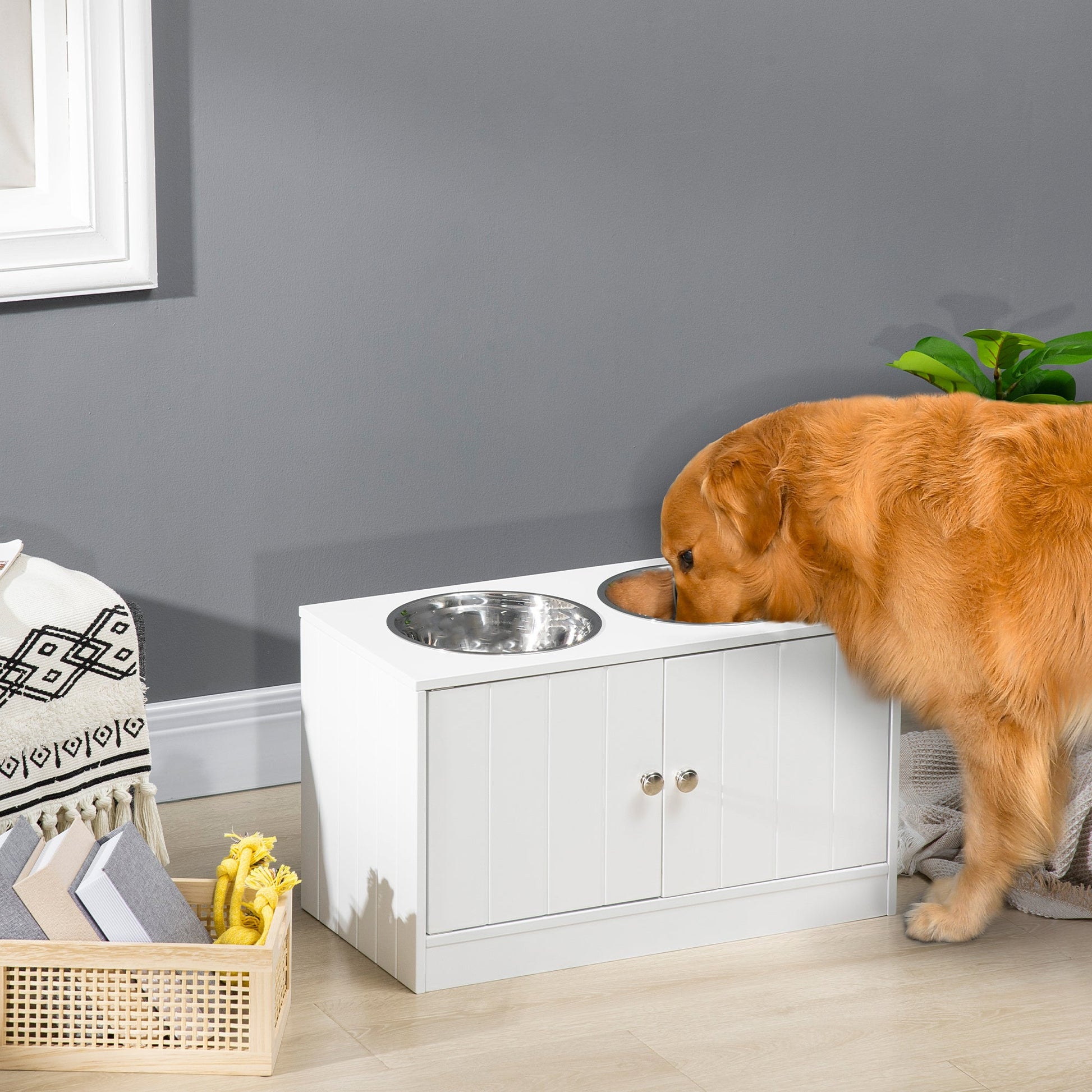 Elevated Dog Bowls for Large Dogs Pet Feeding Station with Stand, Storage, 2 Stainless Steel Food and Water Bowls, White, 23.6" x 11.8" x 14" Dog Bowls   at Gallery Canada