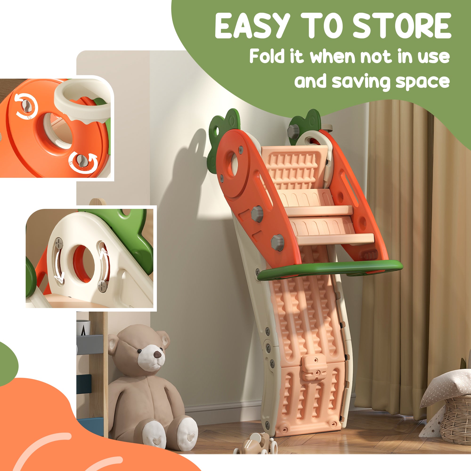 3 in 1 Foldable Toddler Slide with Basketball Hoop, Climber, for 1-3 Years Old, Orange Gym Sets & Swings at Gallery Canada