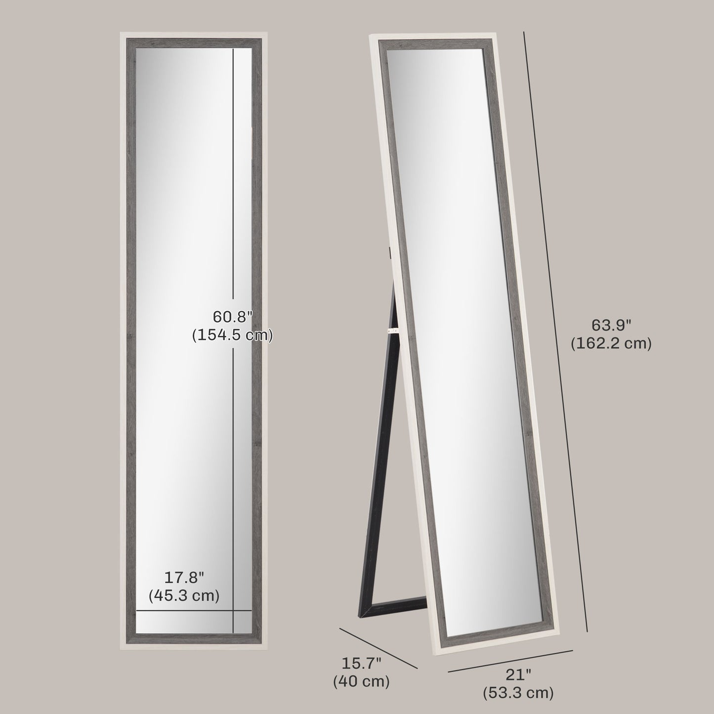 Floor Standing Mirror, Full Length Mirror, Free Standing, Leaning or Wall Mirror with Frame for Bedroom, Grey Wood Grain Full Length Mirrors   at Gallery Canada