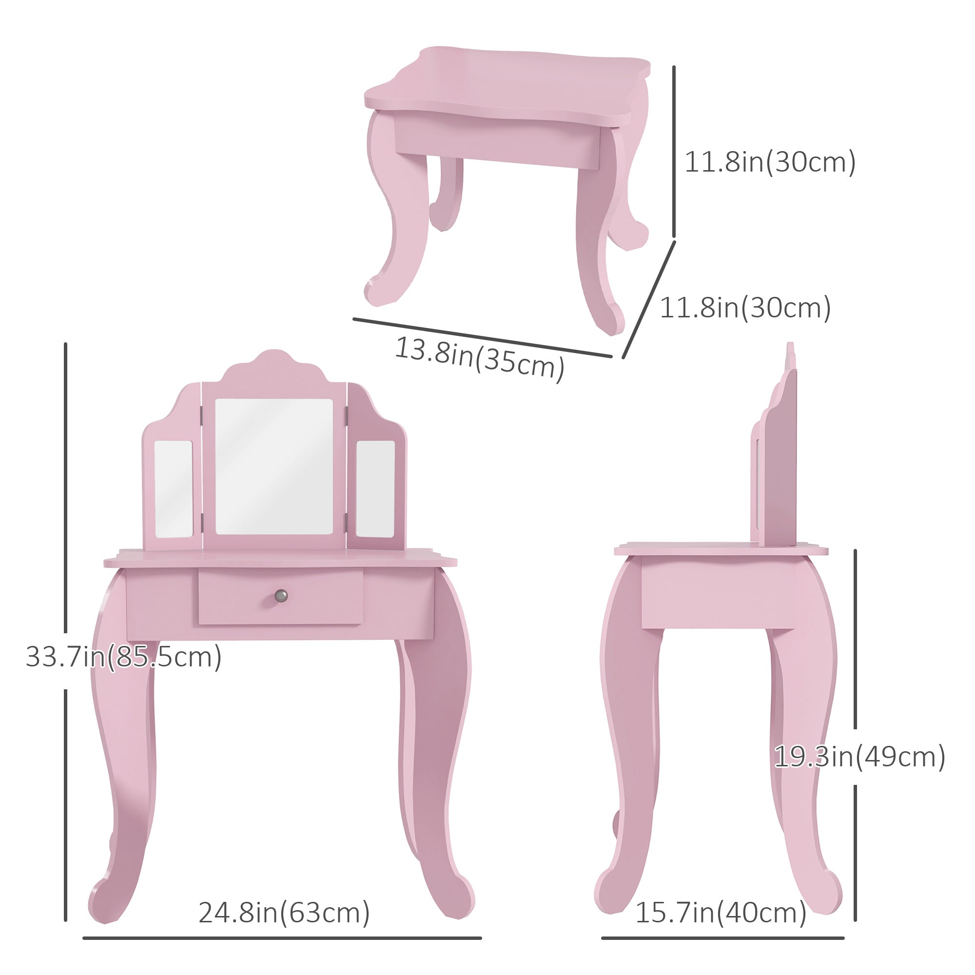 Kids Vanity Table and Stool, Makeup Vanity Girls Dressing Table Set with Tri-folding Mirrors Drawer Star and Heart Pattern, Pink Kids Bedroom Furniture at Gallery Canada