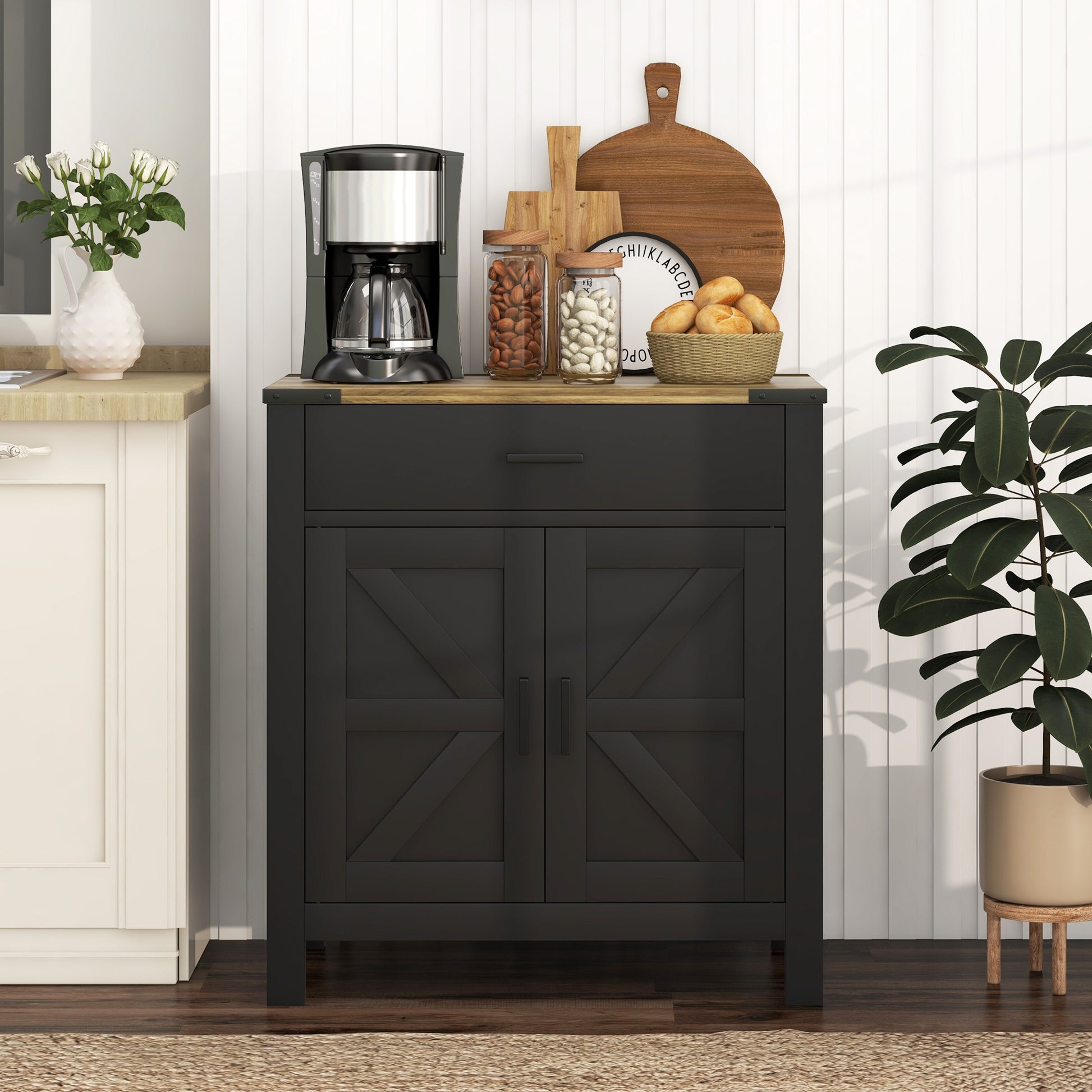 Farmhouse Buffet Cabinet Sideboard with 1 Drawer, 1 Storage Cabinet and Adjustable Shelf, Black Bar Cabinets   at Gallery Canada