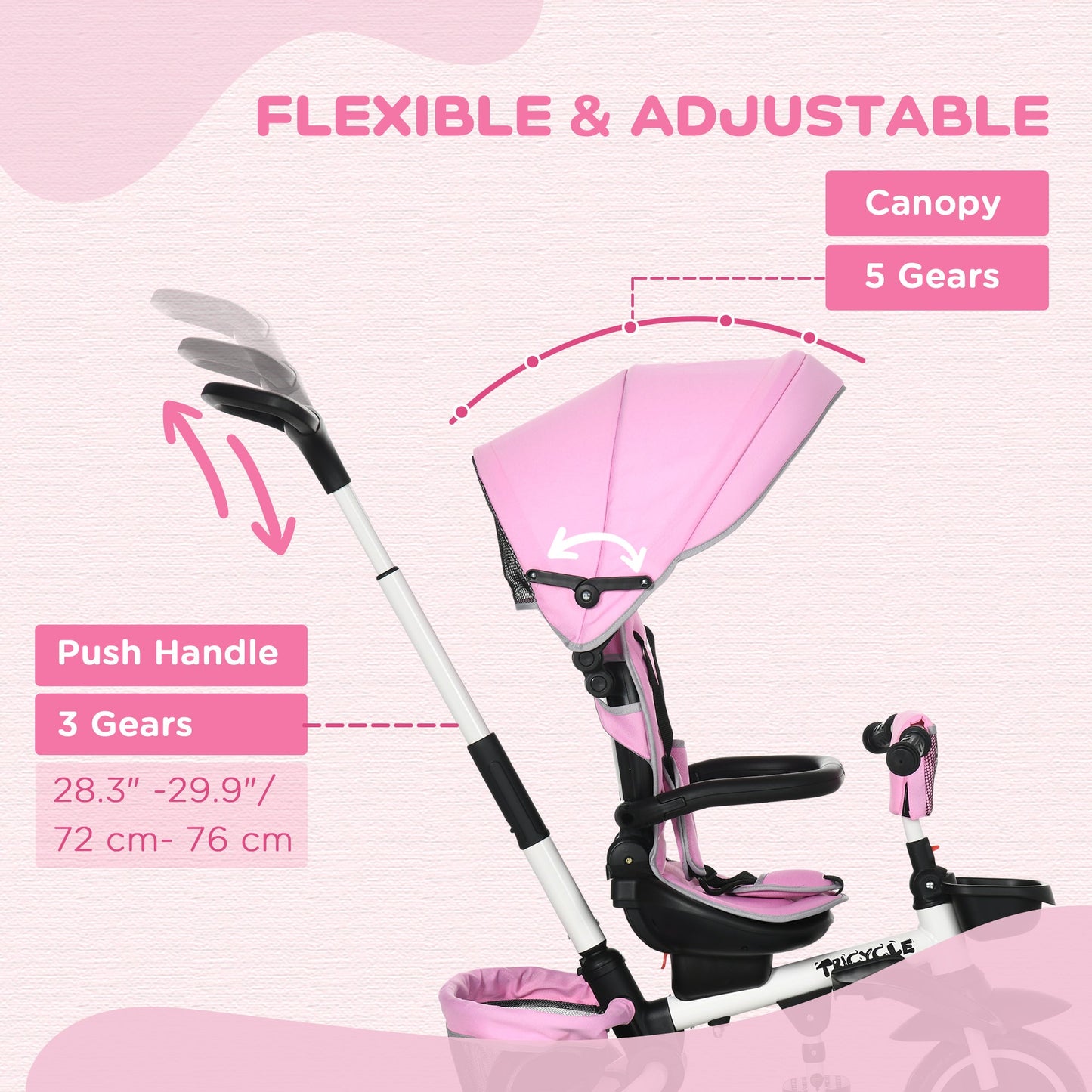 6-in-1 Toddler Tricycle for 12-50 Months, Foldable Kids Trike with Adjustable Seat and Push Handle, Safety Harness, Removable Canopy, Footrest, Pink Tricycles for Kids   at Gallery Canada