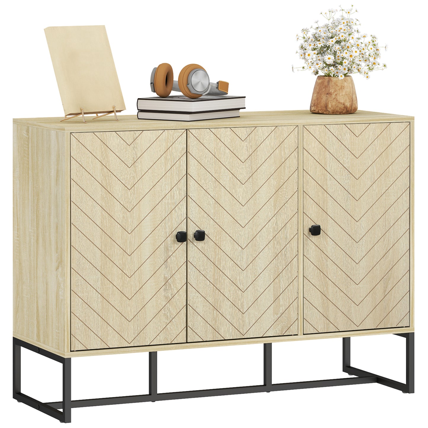 Modern Sideboard, Buffet Cabinet with Adjustable Shelves, 3 Chevron Doors for Living Room, Hallway, Oak Wood Grain Storage Cabinets at Gallery Canada