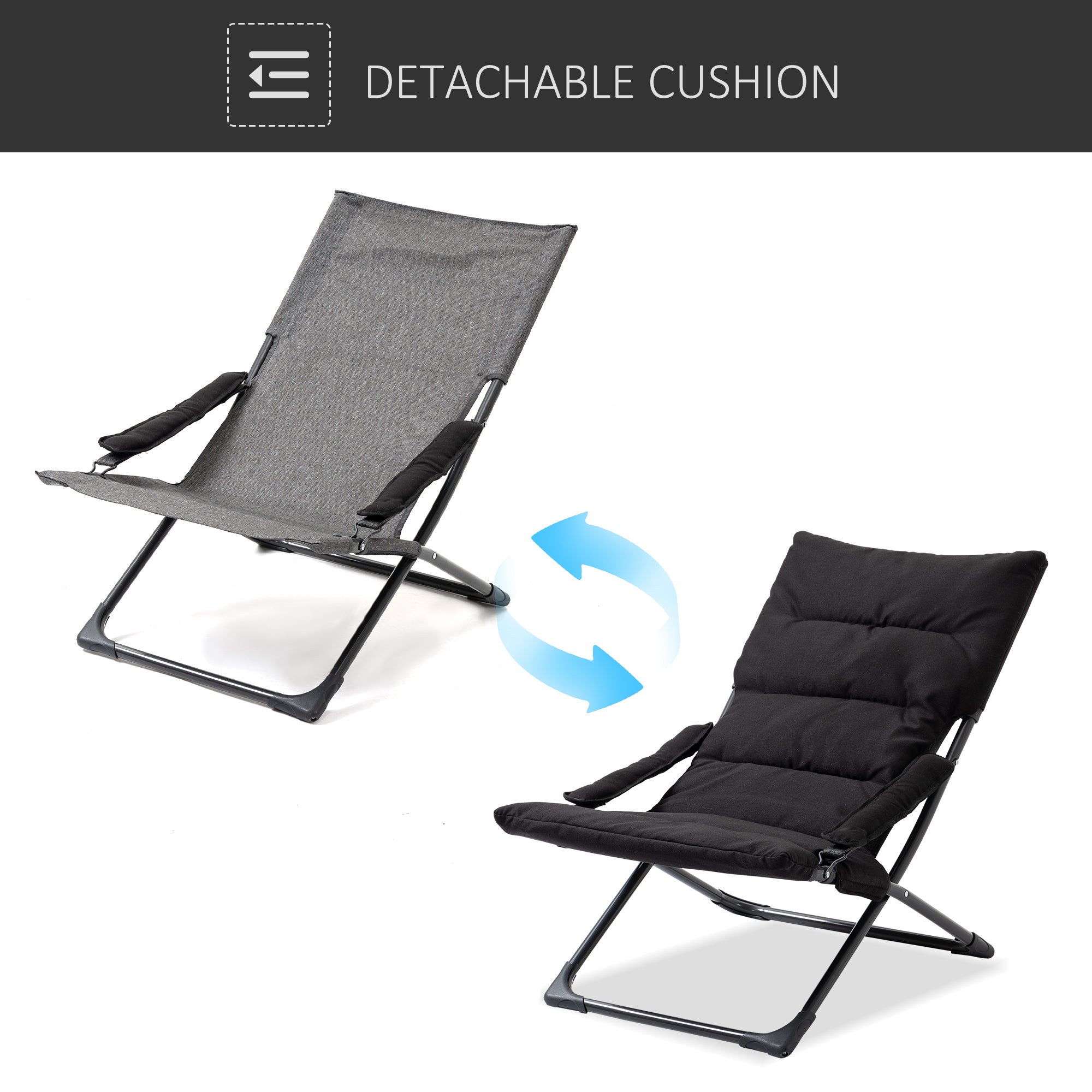 Folding Lounge Chair, Mesh Fabric Lounger with Thick Padded Cushion and Armrest, Camping Beach Chair for Poolside, Deck, Backyard, Black Patio Chairs at Gallery Canada