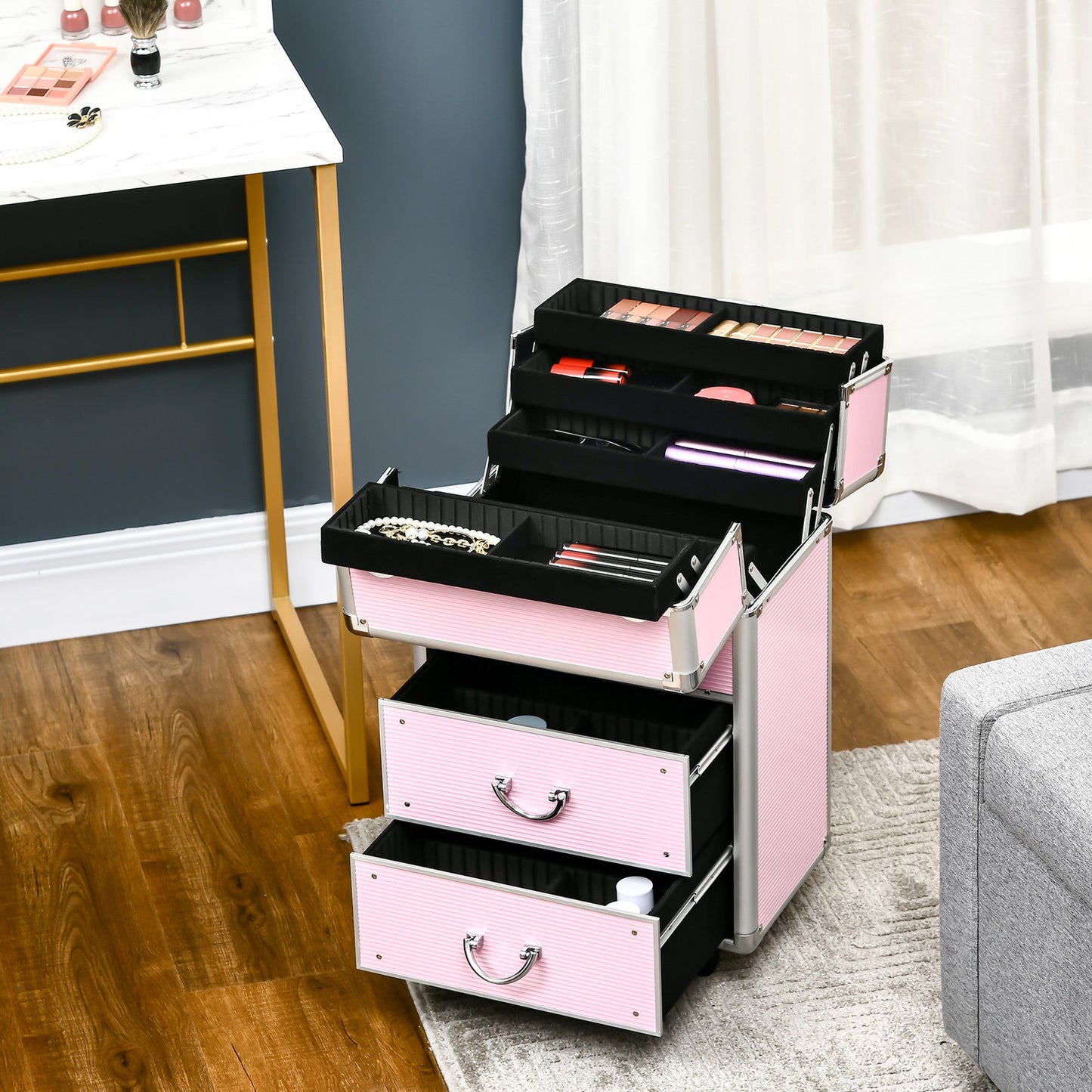 Rolling Makeup Train Case, Large Storage Cosmetic Trolley, Lockable Traveling Cart Trunk with Folding Trays, Swivel Wheels Makeup Cases   at Gallery Canada