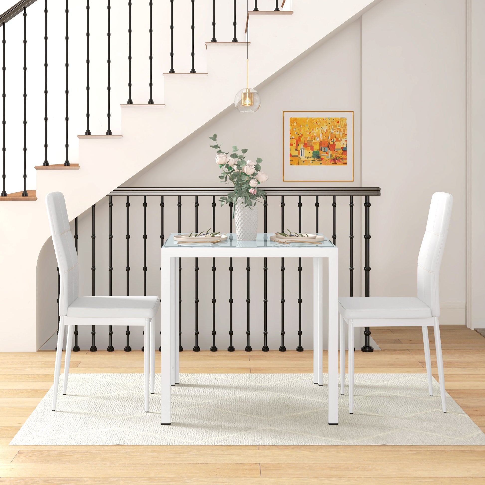 3-Piece Rectangular Glass Kitchen Table and Chairs with Metal Frame and Faux Leather Upholstery for Dining Room, White Bar Sets White  at Gallery Canada