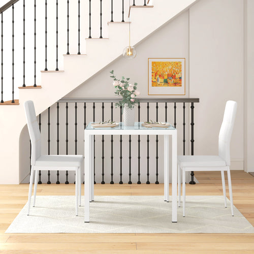 3-Piece Rectangular Glass Kitchen Table and Chairs with Metal Frame and Faux Leather Upholstery for Dining Room, White